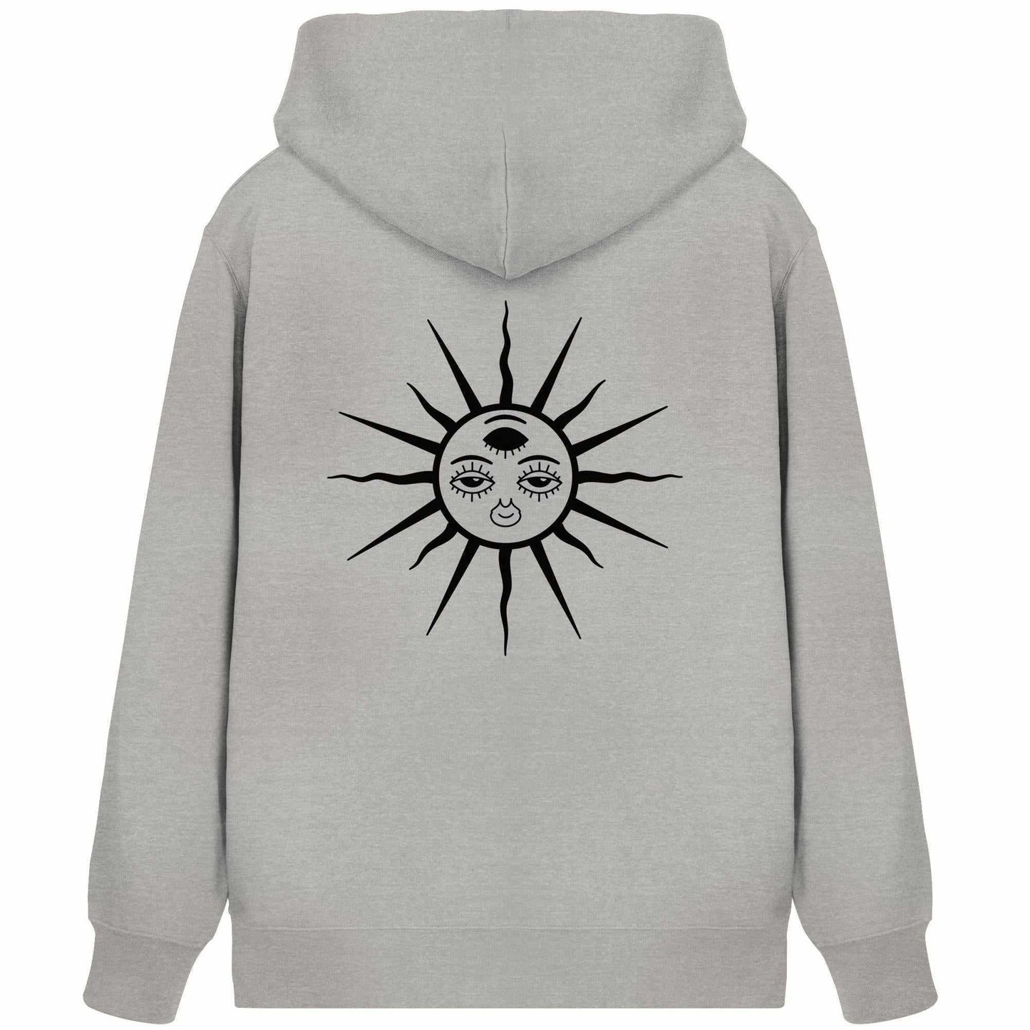 Vegan und Bio Zipper Hoodie: The Sun - Third Eye Awakening mit dreiaugiger Sonnengrafik, Kapuze, verdecktem Reißverschluss und Kängurutasche. Perfekt für Goa Raves.
