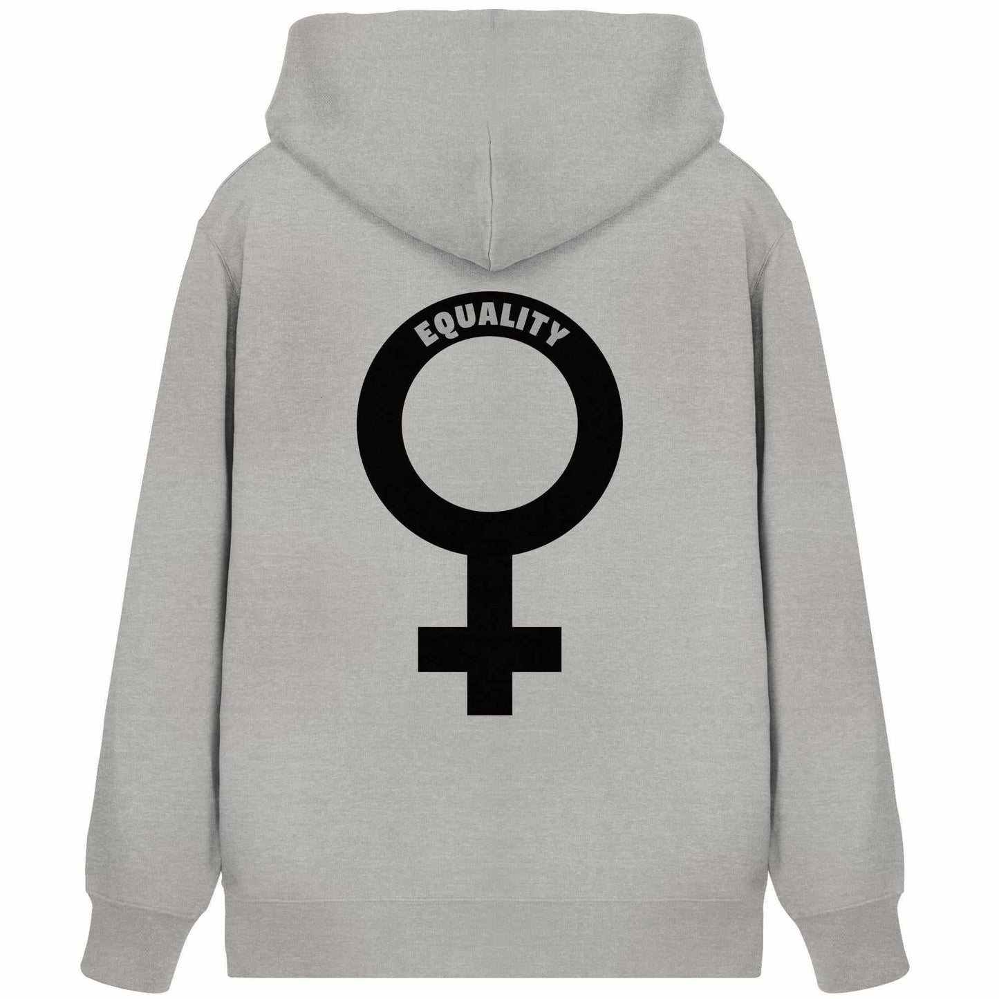 Vegan und Bio Zipper Hoodie mit Venussymbol, symbolisiert feministische Botschaft. Aus Bio-Baumwolle und recyceltem Polyester, mit Kapuze, Kängurutasche und verdecktem Reißverschluss.