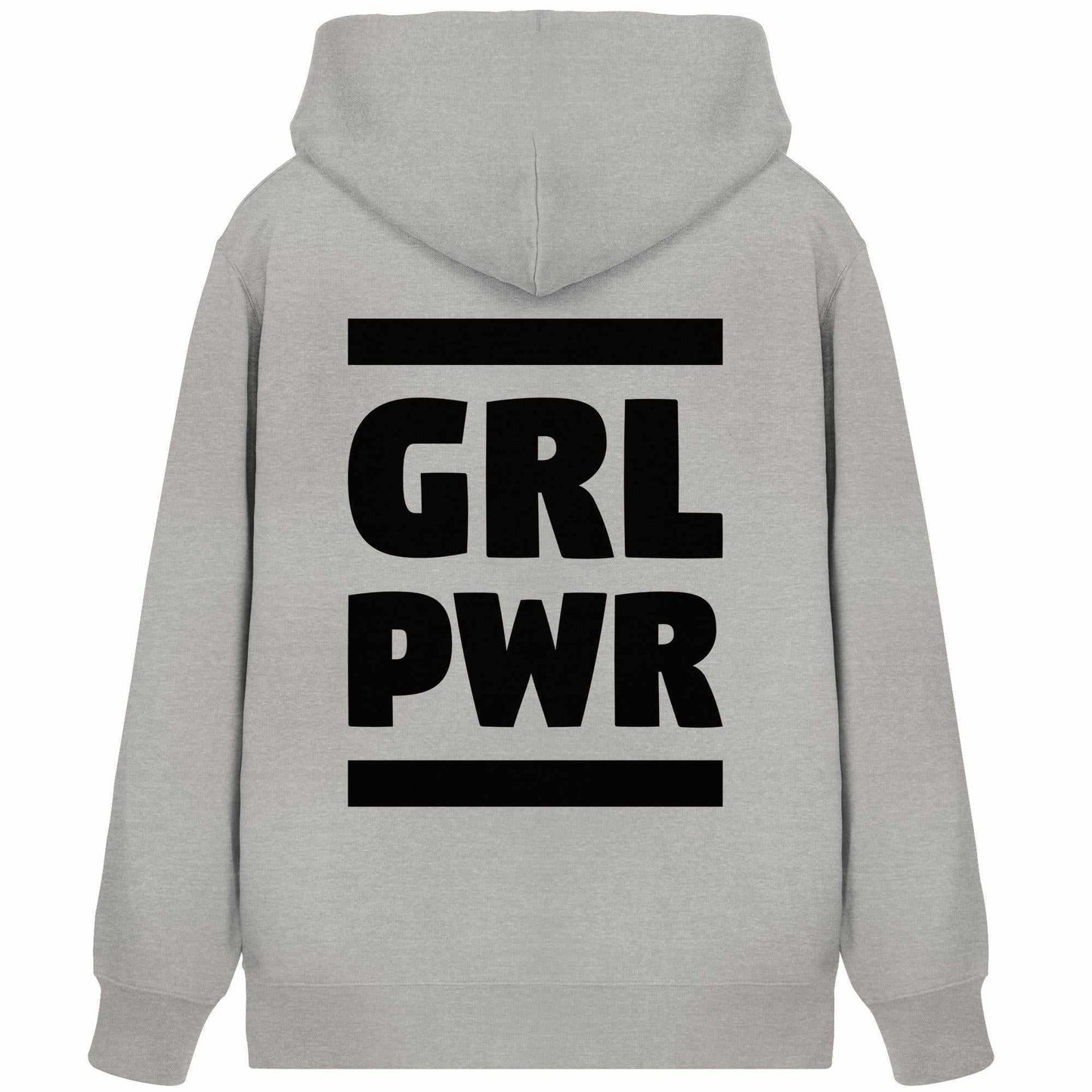 Vegan und Bio Zipper Hoodie: GIRL POWER mit feministischer Botschaft, grauer Hoodie mit schwarzen Text, Kapuze, Kängurutasche, verdeckter Reißverschluss, Biobaumwolle und recyceltes Polyester.