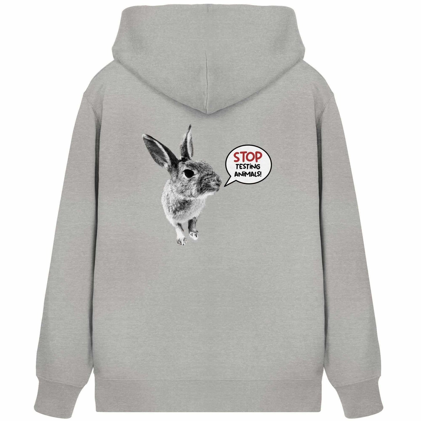 Vegan und Bio Zipper Hoodie mit niedlichem Kaninchen und STOP ANIMAL TESTING!-Aufdruck; Reißverschluss, Kängurutasche, nachhaltige Materialien.