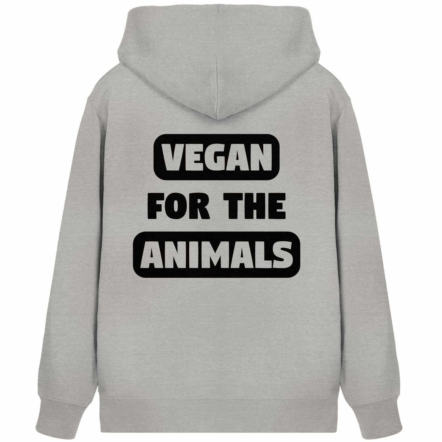 Vegan und Bio Zipper Hoodie: VEGAN FOR THE ANIMALS, grauer Hoodie mit schwarzem Text, Kapuze, Kängurutasche, verdecktem Reißverschluss, nachhaltige Materialien aus Bio-Baumwolle und recyceltem Polyester.
