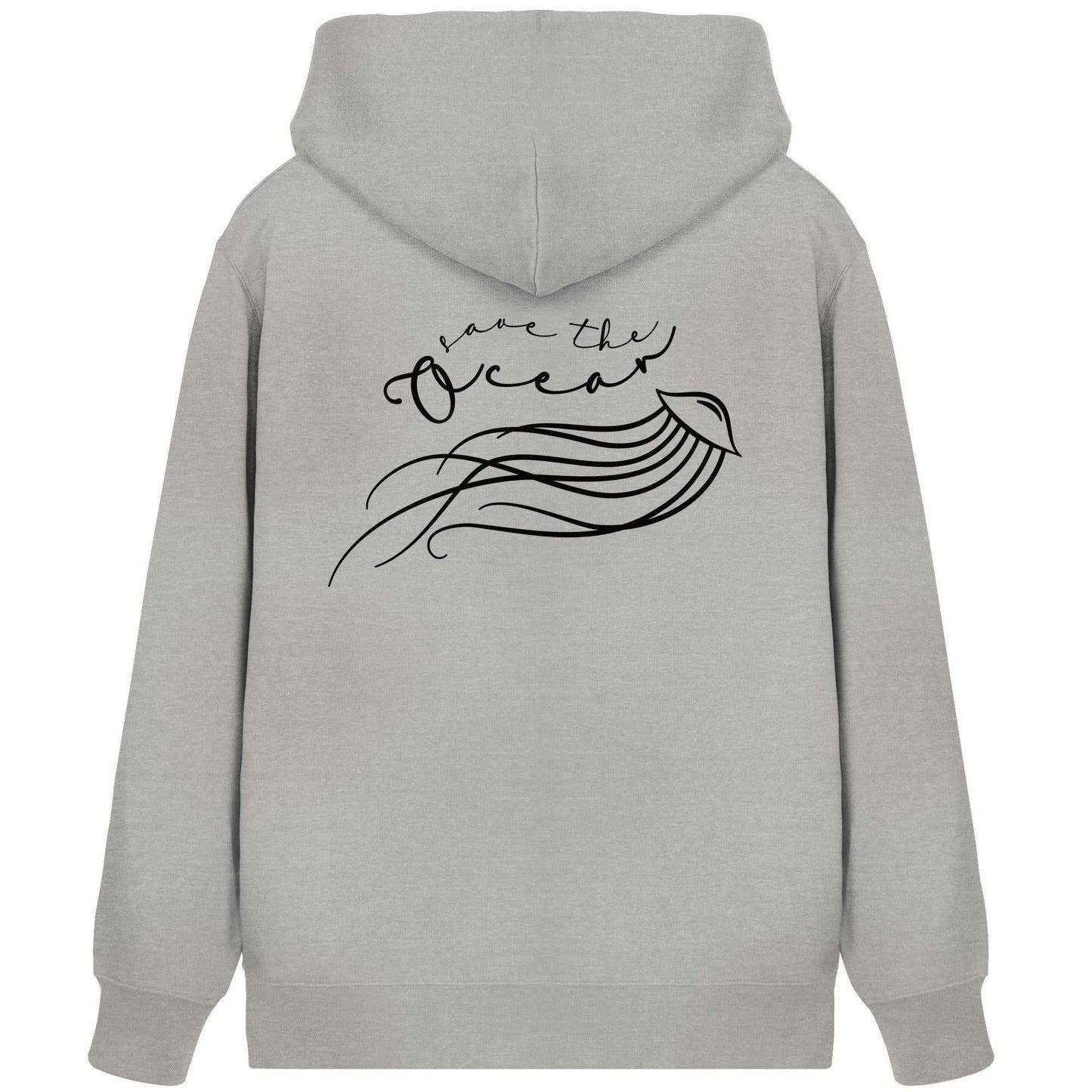 Vegan und Bio Zipper Hoodie: Jellyfish - Save the Ocean, grauer Hoodie mit Quallen-Design und Save the Ocean-Apell, nachhaltige Materialien, Kapuze, Reißverschluss, Kängurutasche.