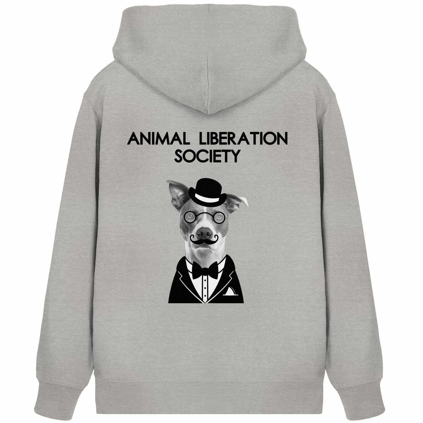 Vegan und Bio Zipper Hoodie: Mr. Dog - Animal Liberation Society mit Hundemotiv, bestehend aus Bio-Baumwolle und recyceltem Polyester, Kapuze und Kängurutasche.