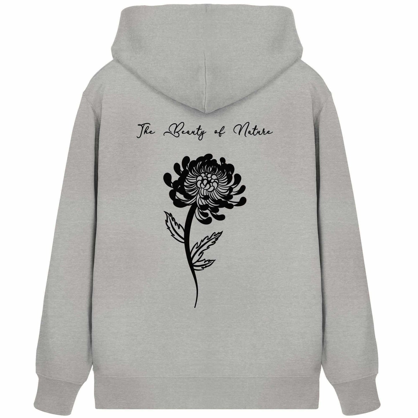 Vegan und Bio Zipper Hoodie: Chrysantheme - Grauer Kapuzenpullover mit schwarzem Blumenmotiv, verdecktem Reißverschluss und Kängurutasche, ideal für Naturschutzliebhaber.