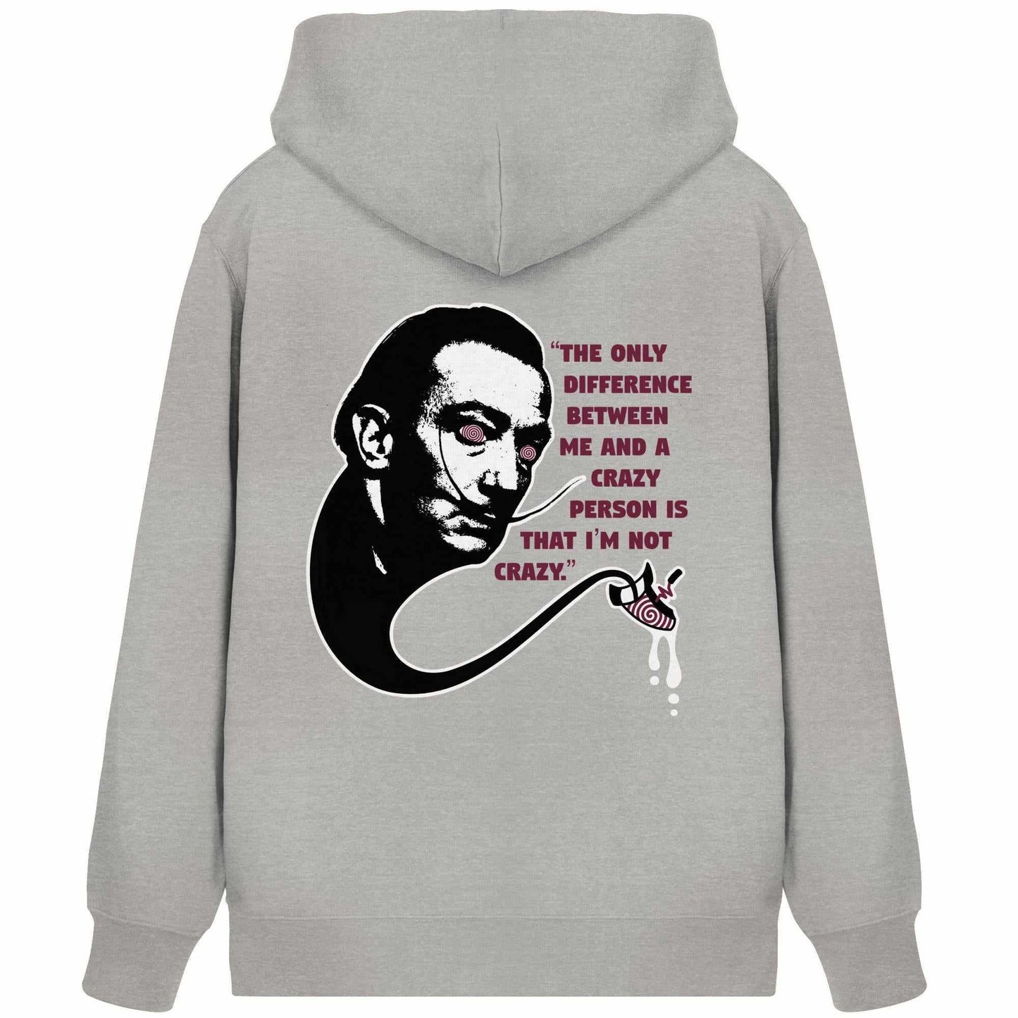 Vegan und Bio Zipper Hoodie: Crazy Dali, grauer Hoodie mit surrealem Männerdruck, aus Bio-Baumwolle und recyceltem Polyester, normale Passform, mit Kapuze und Kängurutasche.