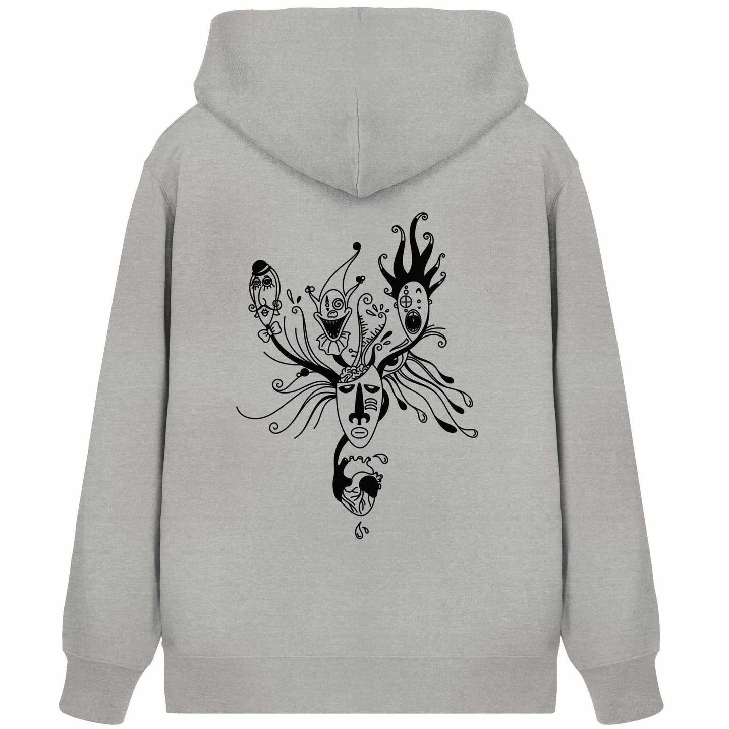 Vegan und Bio Zipper Hoodie mit Zeichnung verschiedener Gesichter, thematisiert mentale Gesundheit und individuelle Facetten, von RUDE REBEL.