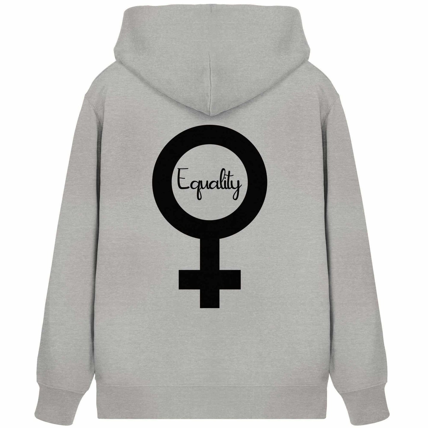 Vegan und Bio Zipper Hoodie: Feminismus - Der Kampf um Gleichberechtigung, grauer Hoodie mit schwarzem Symbol, verdeckter Reißverschluss, Kängurutasche, nachhaltige Materialien.