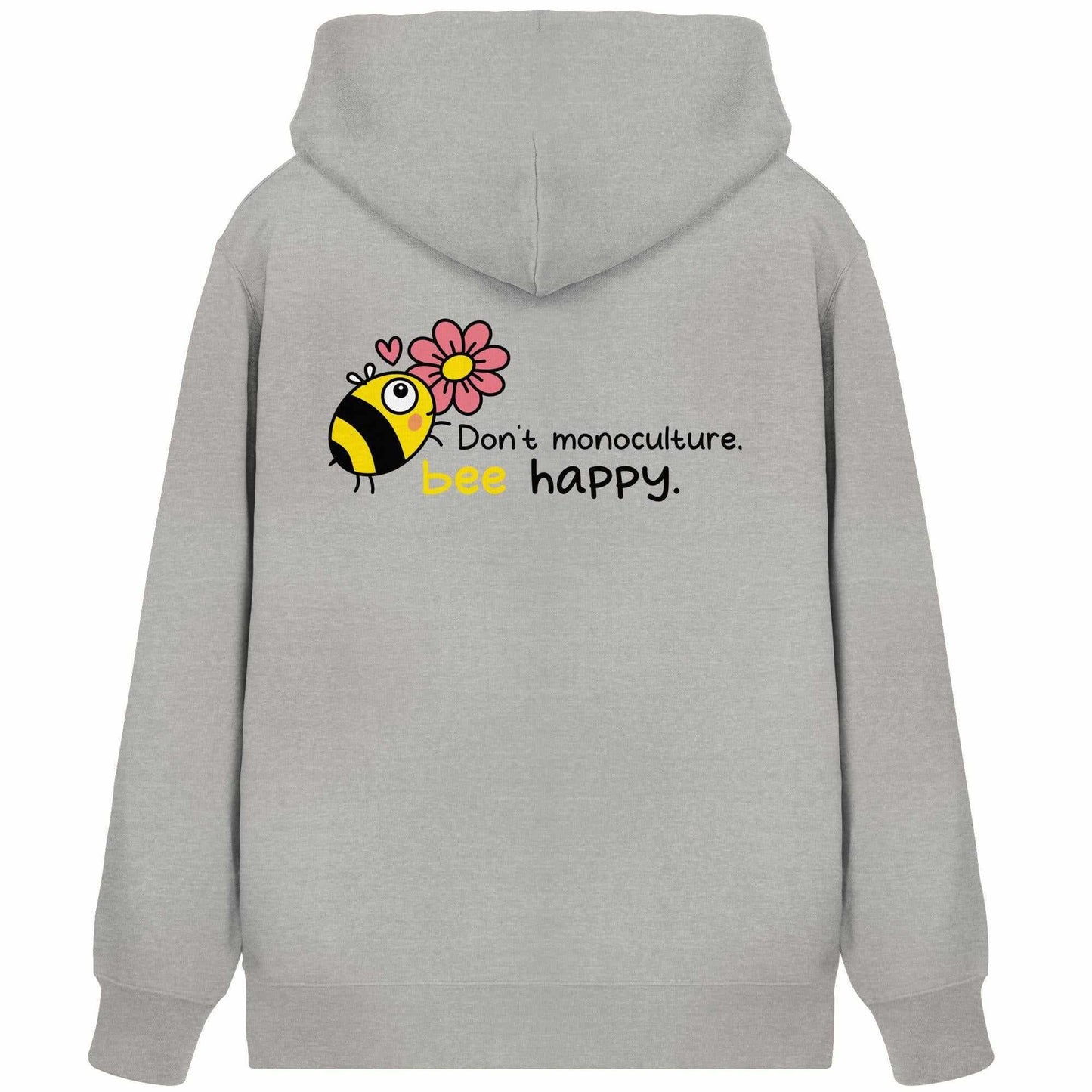 Vegan und Bio Zipper Hoodie: Save the bees, grauer Hoodie mit Bienen- und Blumenmotiv, Kängurutasche, nachhaltige Materialien, von RUDE REBEL.
