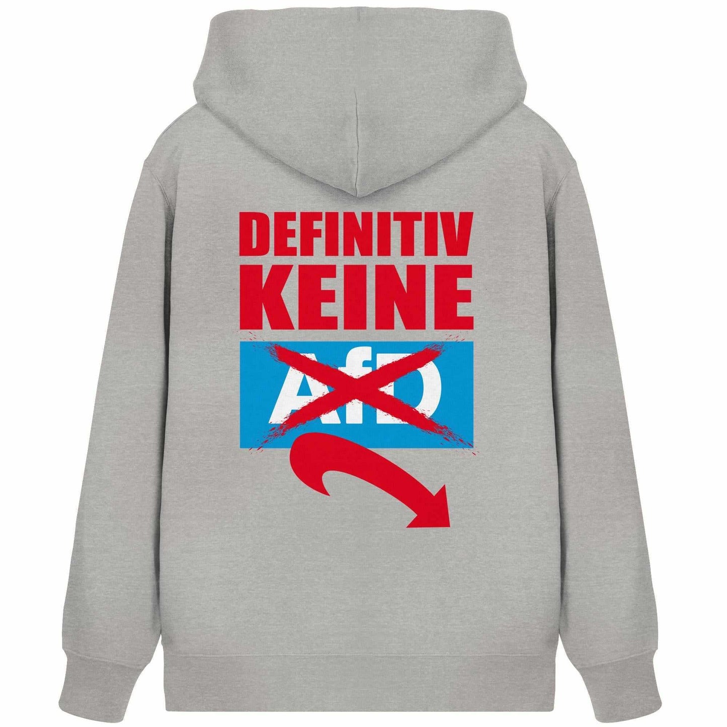 Vegan und Bio Zipper Hoodie: Gegen Rechts - Grau mit rotem und blauem Text, Reißverschluss, Kängurutasche, Kapuze, von RUDE REBEL.