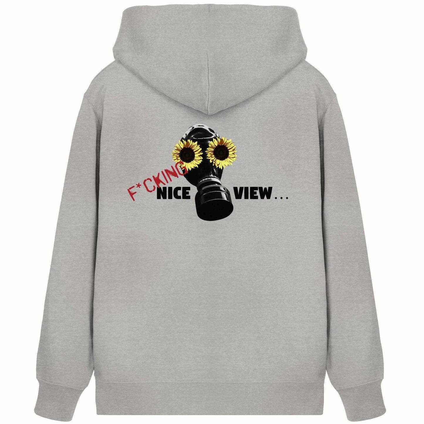 Vegan und Bio Zipper Hoodie: Sunflower Mask - F*cking nice view... zeigt Grauen Kapuzenpullover mit Gasmaskenmotiv, verziert mit Sonnenblumen.