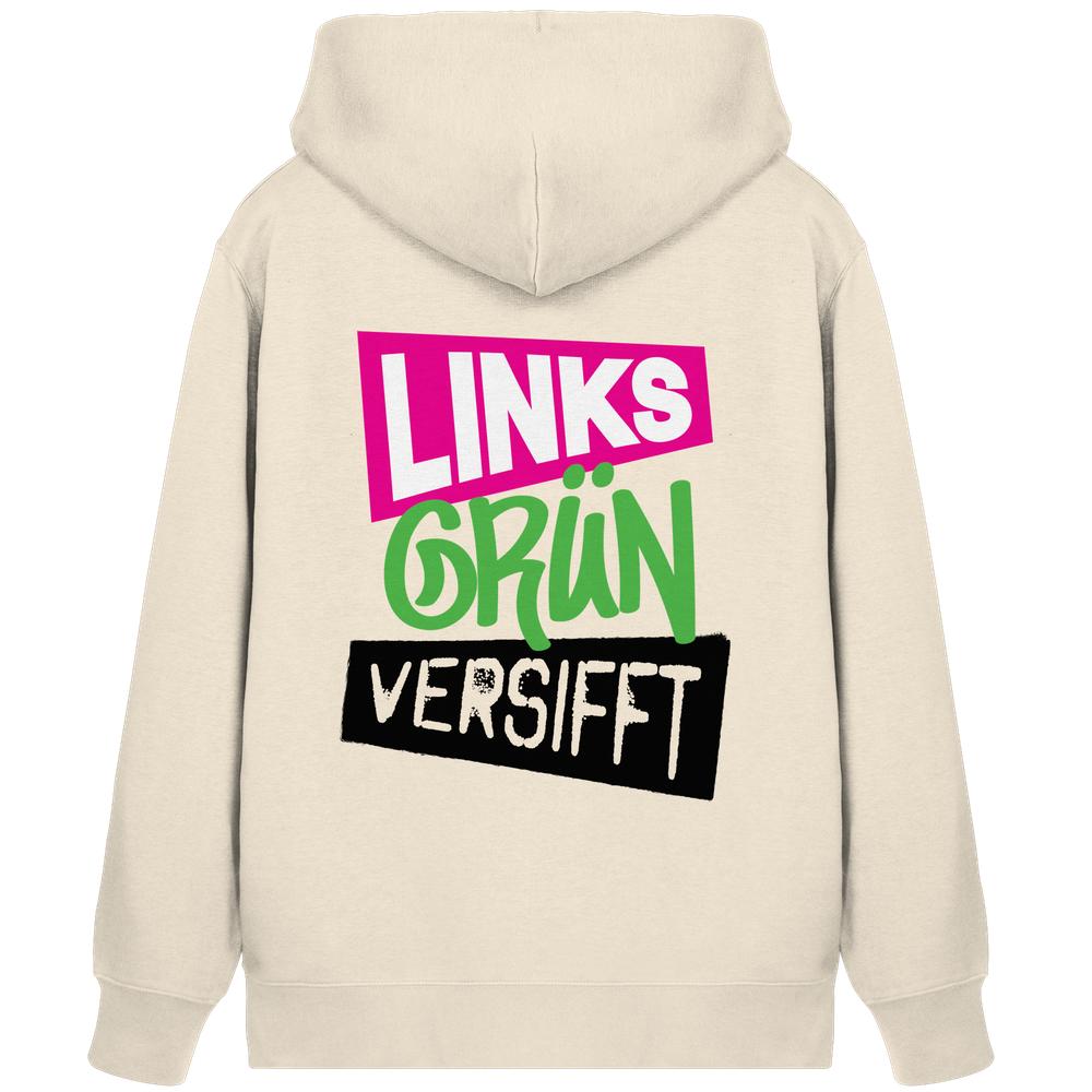 Vegan und Bio Zipper Hoodie mit Links Grün versifft Schriftzug, weiß, Kapuze, Kängurutasche, von RUDE REBEL.