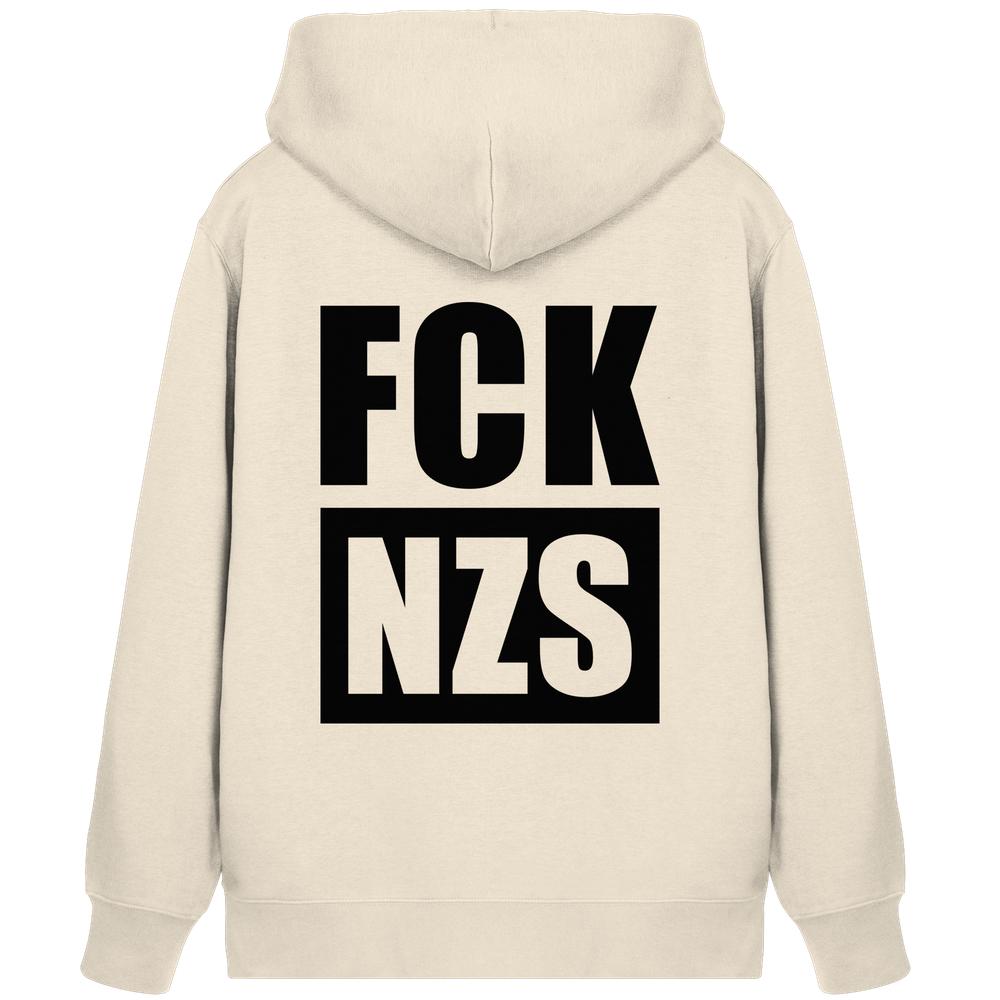 Vegan und Bio Zipper Hoodie: FCK NZS, Rückansicht mit schwarzem Anti-Nazi-Slogan, Kapuze, verdecktem Reißverschluss und Kängurutasche, aus Bio-Baumwolle und recyceltem Polyester.