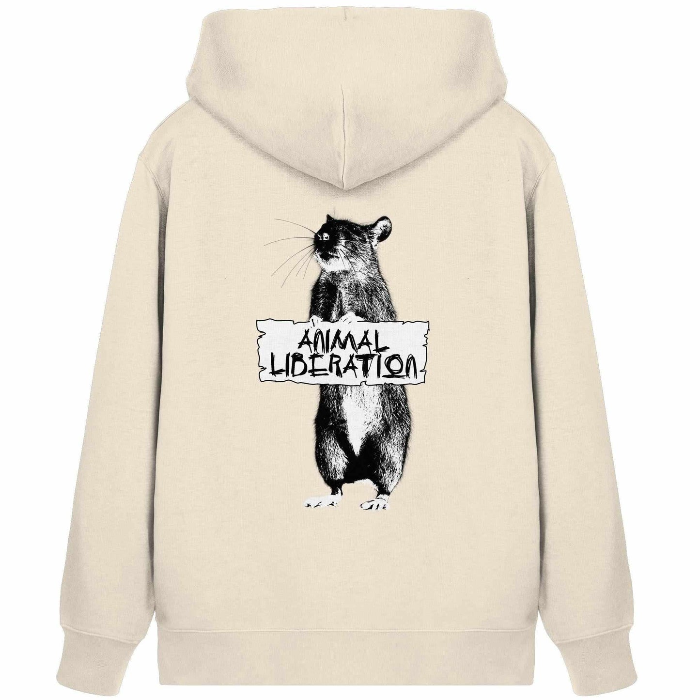 Vegan und Bio Zipper Hoodie: Rat for Animal Liberation mit digitaler Collage im Banksy-Stil, zeigt eine Maus, inspiriert von Tierrechtsbewegungen.