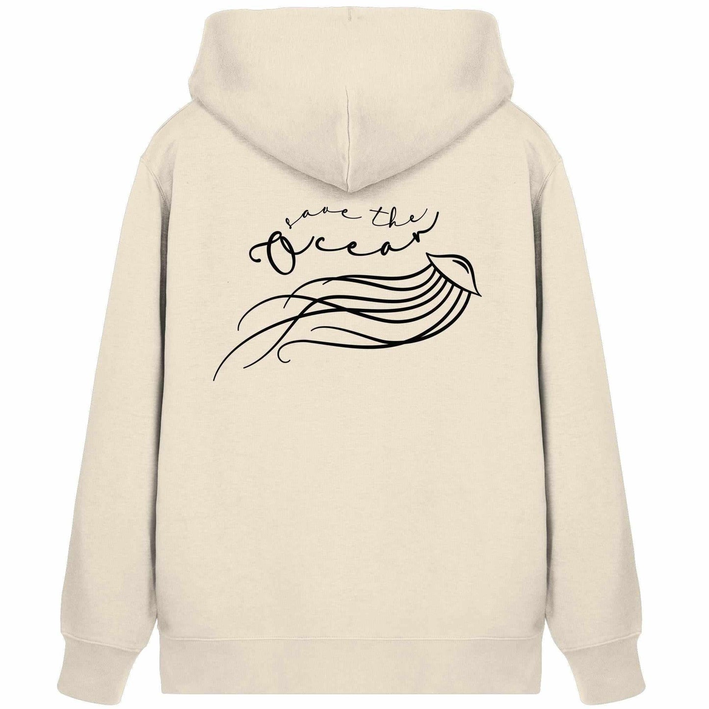 Vegan und Bio Zipper Hoodie: Jellyfish - Save the Ocean mit filigranem Quallenmotiv und Kapuze, aus Bio-Baumwolle und recyceltem Polyester, normaler Schnitt.