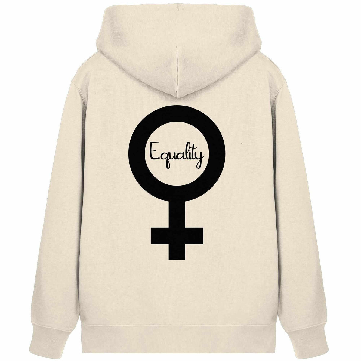 Beiger Hoodie mit Kapuze und schwarzem Equality-Logo im Kreis