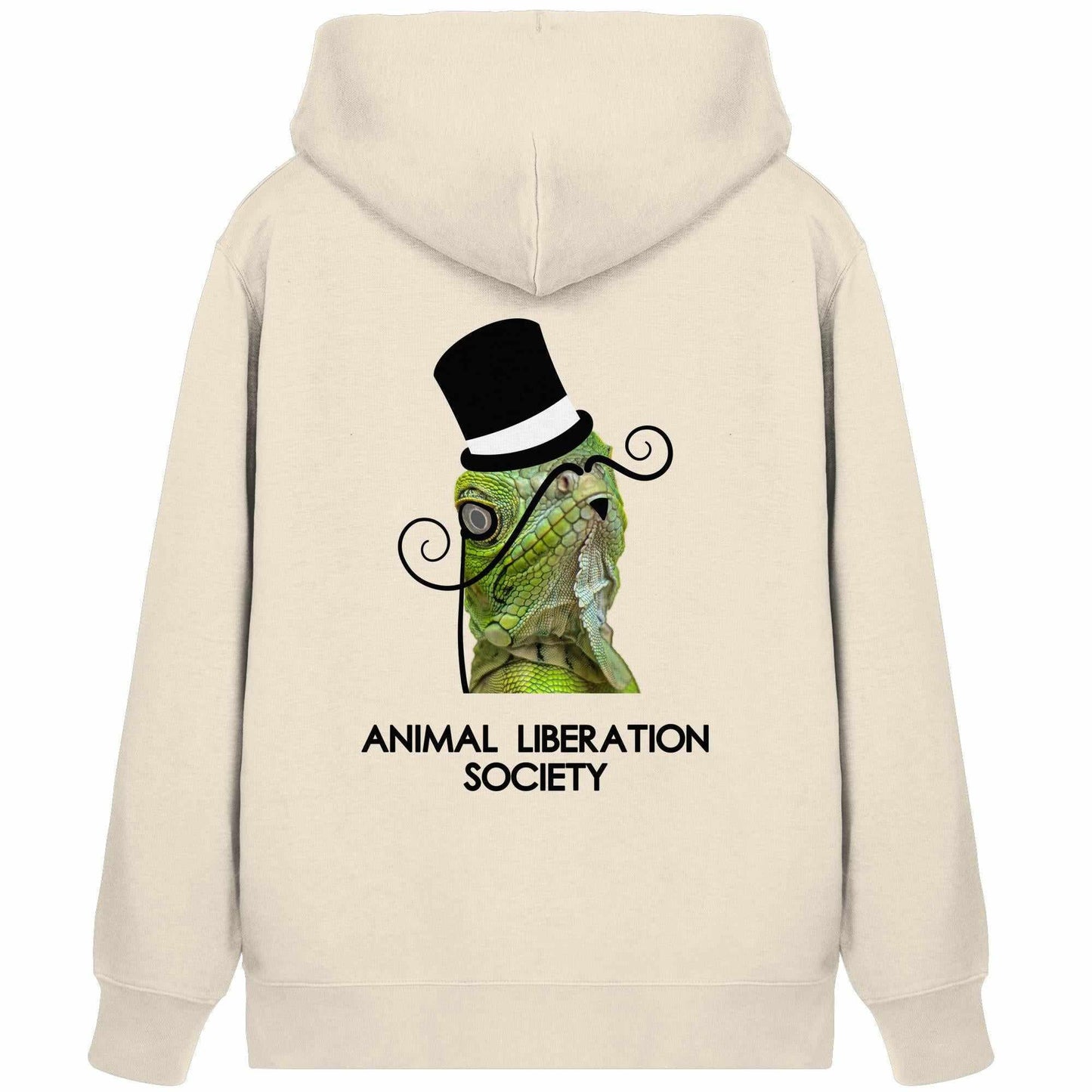 Vegan und Bio Zipper Hoodie: Sir Reptile - Animal Liberation Society, zeigt einen eleganten, huttragenden Eidechse-Druck auf der Vorderseite, rebellisches Design in nachhaltiger Qualität.