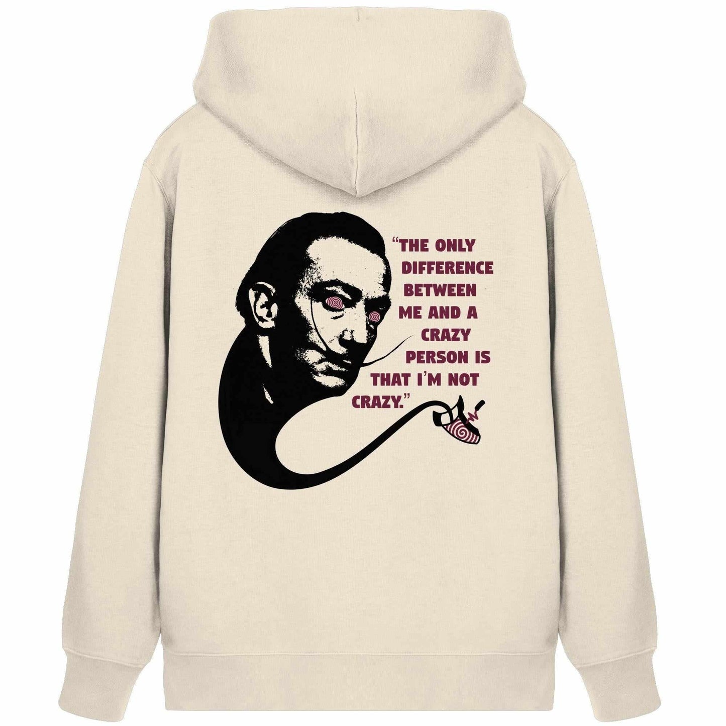 Vegan und Bio Zipper Hoodie: Crazy Dali mit surrealistischem Gesichtsmotiv, Bio-Baumwolle und recyceltem Polyester, Kapuze und Kängurutasche.