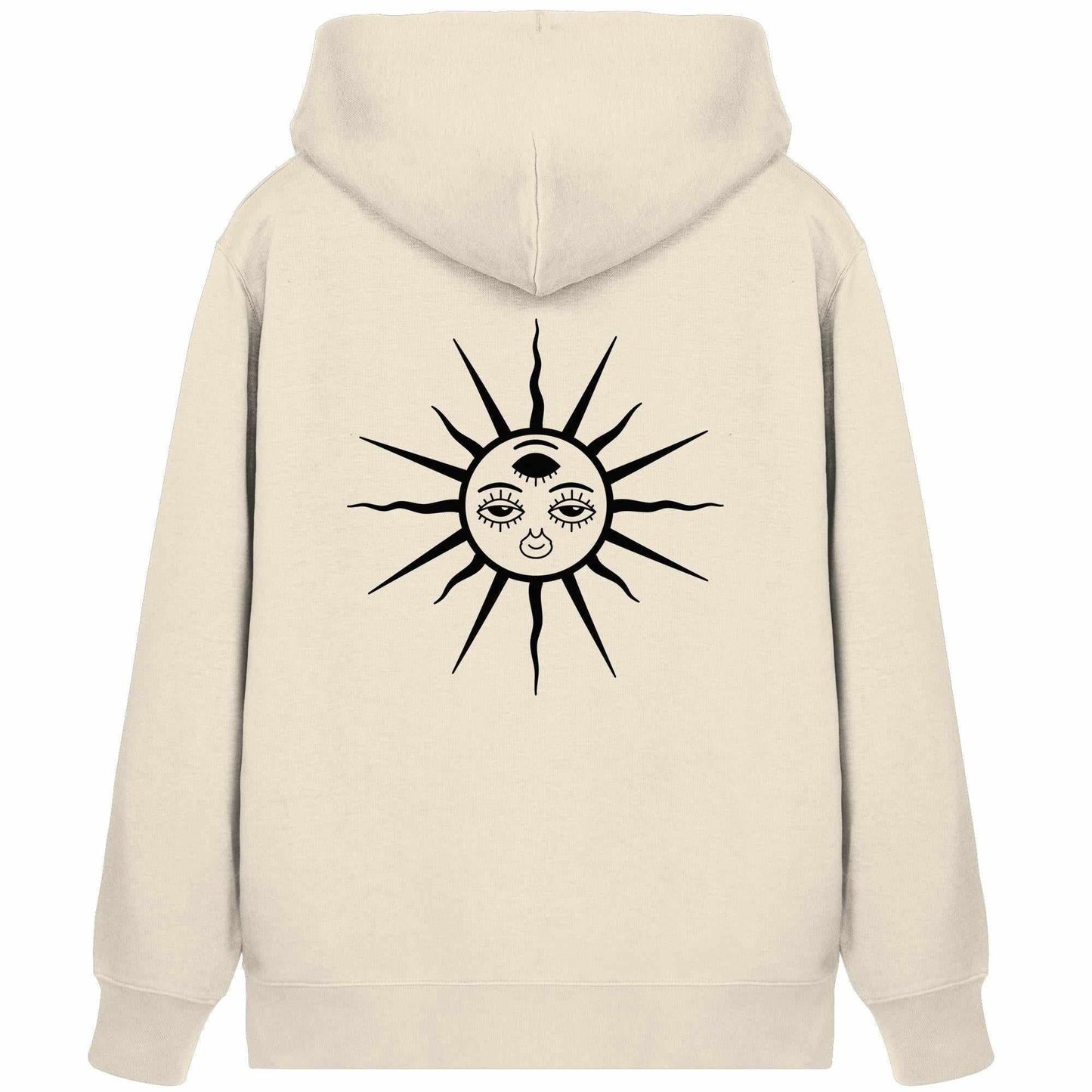 Vegan und Bio Zipper Hoodie: The Sun - Third Eye Awakening mit Sonnen- und Mondmotiv, ideal für Goa Raves, aus Bio-Baumwolle und recyceltem Polyester.