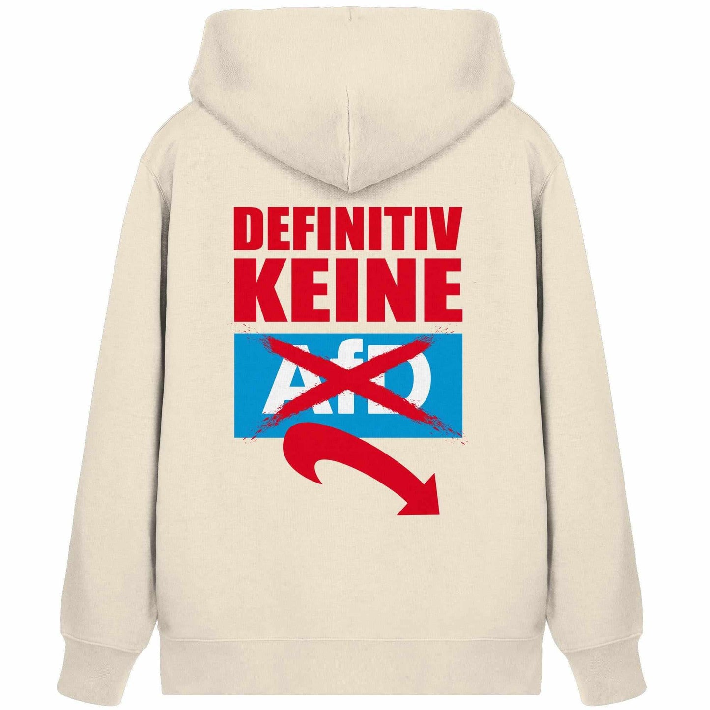 Vegan und Bio Zipper Hoodie: Gegen Rechts - Weißer Hoodie mit rotem und blauem Text, Kapuze, Kängurutasche und verdecktem Reißverschluss, aus Bio-Baumwolle und recyceltem Polyester.