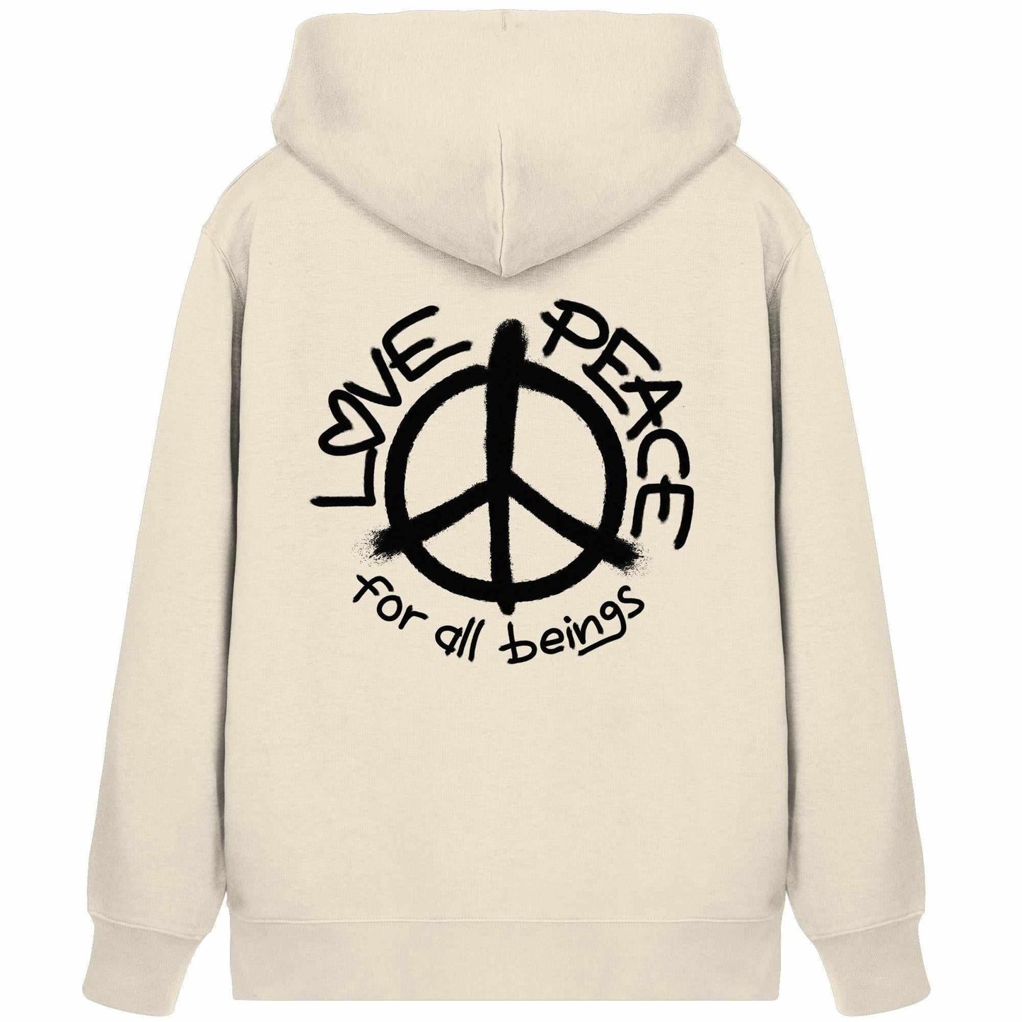 Vegan und Bio Zipper Hoodie mit Peace-Symbol, gefütterter Kapuze und Kängurutasche; rebellisches Design im Einklang mit RUDE REBELs nachhaltiger Modephilosophie.