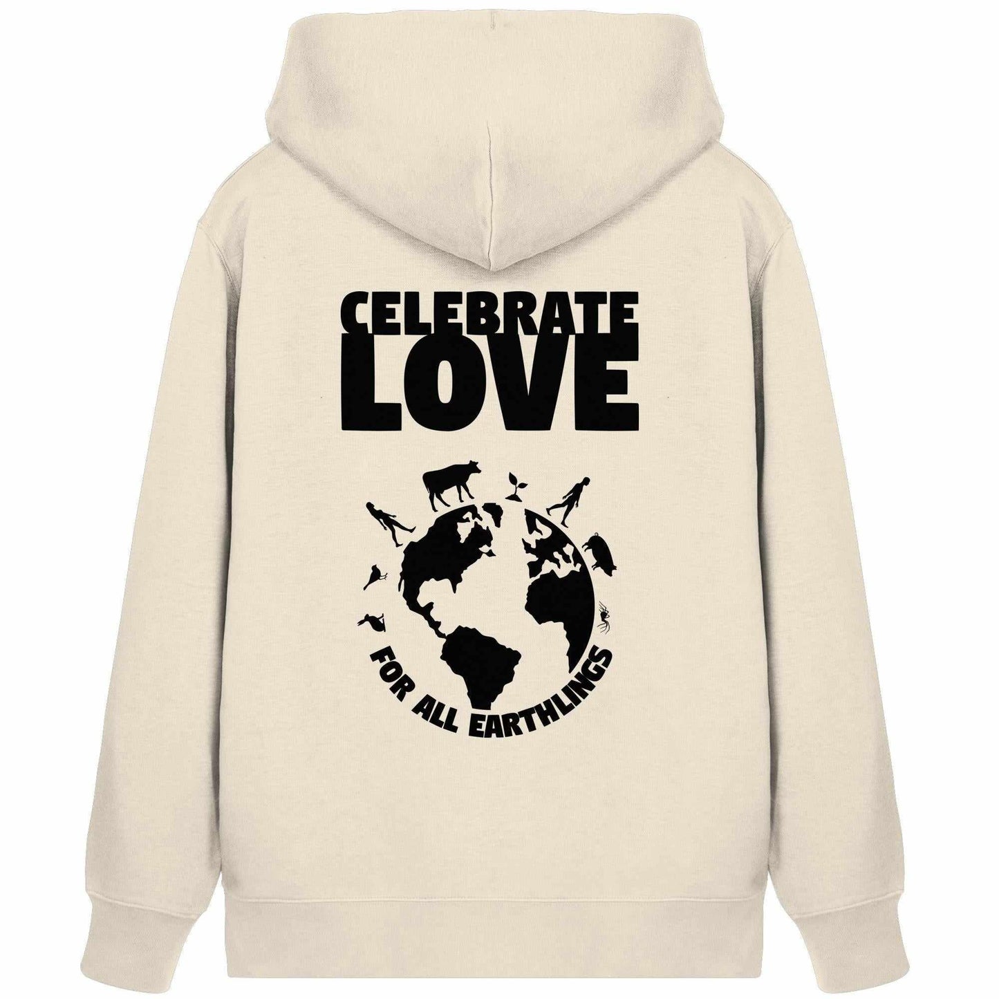 Vegan und Bio Zipper Hoodie mit schwarzem Text und Tiermotiven, feiert Veganismus und Gleichheit. Nachhaltig aus Bio-Baumwolle und recyceltem Polyester gefertigt.