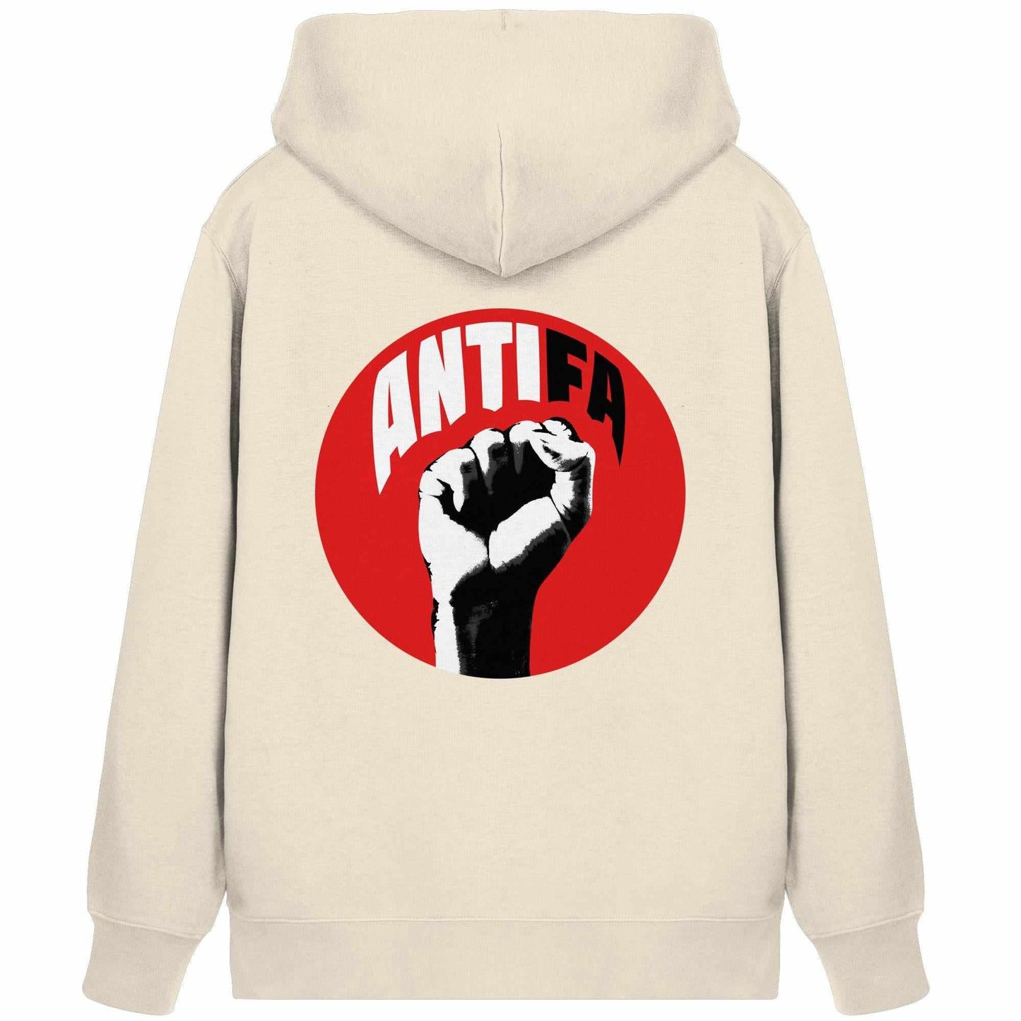 Vegan und Bio Zipper Hoodie: Antifa - Kampf gegen Rechts mit rotem Logo und erhobener Faust, symbolisiert Widerstand und Solidarität.