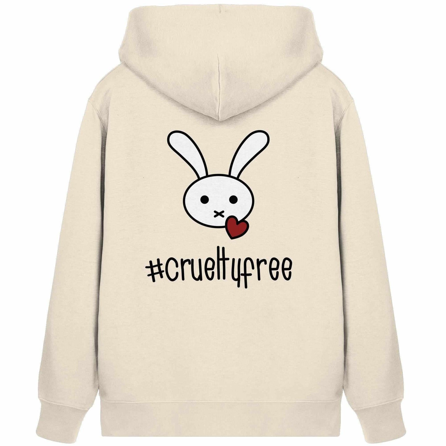 Vegan und Bio Zipper Hoodie: Crueltyfree Bunny BIG mit Cartoon-Hase und rotem Herz, aus Bio-Baumwolle und recyceltem Polyester, normale Passform, nachhaltiges Design.