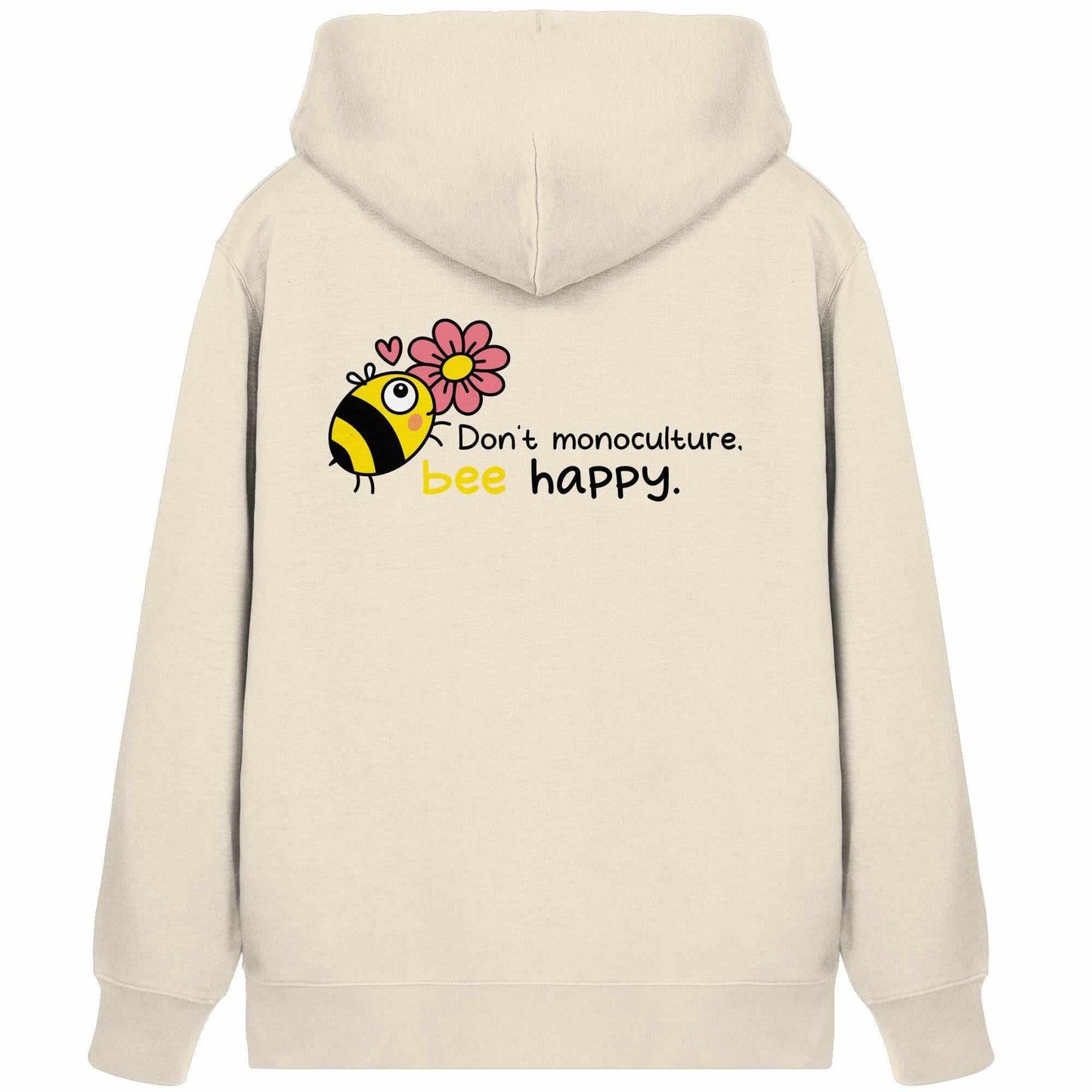 Vegan und Bio Zipper Hoodie: Save the bees – Weißer Hoodie mit einem Cartoon-Biene-und-Blumen-Motiv, symbolisiert Nachhaltigkeit und Naturschutz.