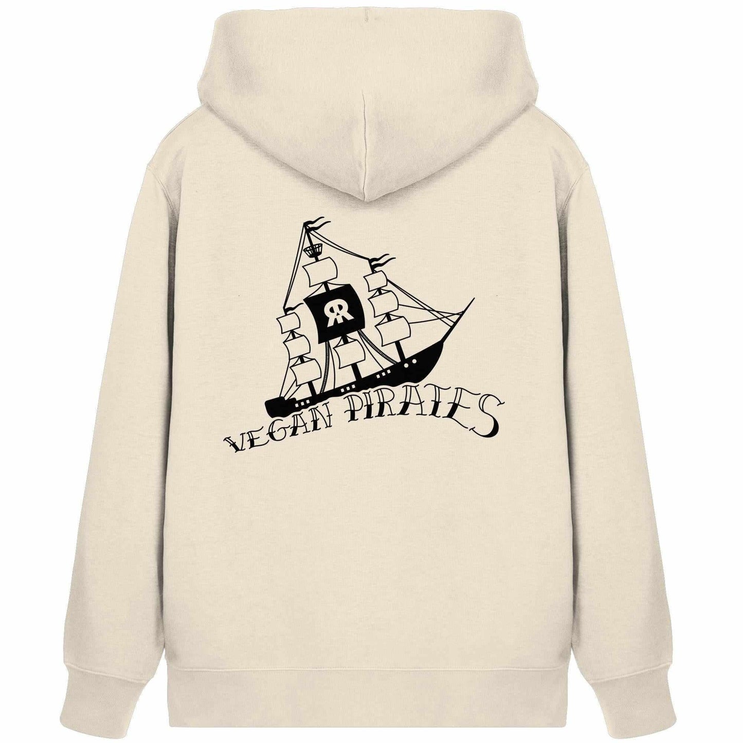 Vegan und Bio Zipper Hoodie: Vegan Pirates mit Piratenschiff-Design, Kapuze und Kängurutasche. Nachhaltig aus Bio-Baumwolle und recyceltem Polyester.