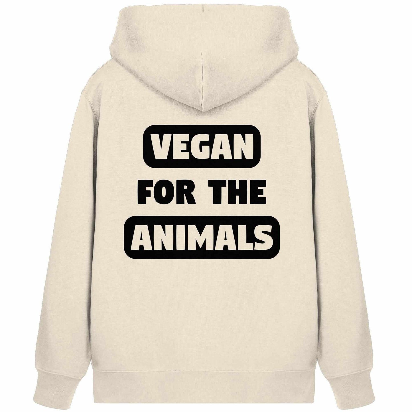 Vegan und Bio Zipper Hoodie: VEGAN FOR THE ANIMALS, weiß mit schwarzem Text, normale Passform, Bio-Baumwolle und recyceltem Polyester, Kängurutasche, verdeckter Reißverschluss.