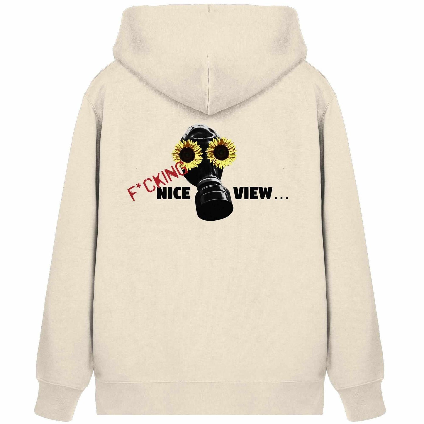 Vegan und Bio Zipper Hoodie: Sunflower Mask - F*cking nice view..., weißer Hoodie mit Gasmaske und Sonnenblumen-Design, aus Bio-Baumwolle und recyceltem Polyester, Kapuze und Kängurutasche.