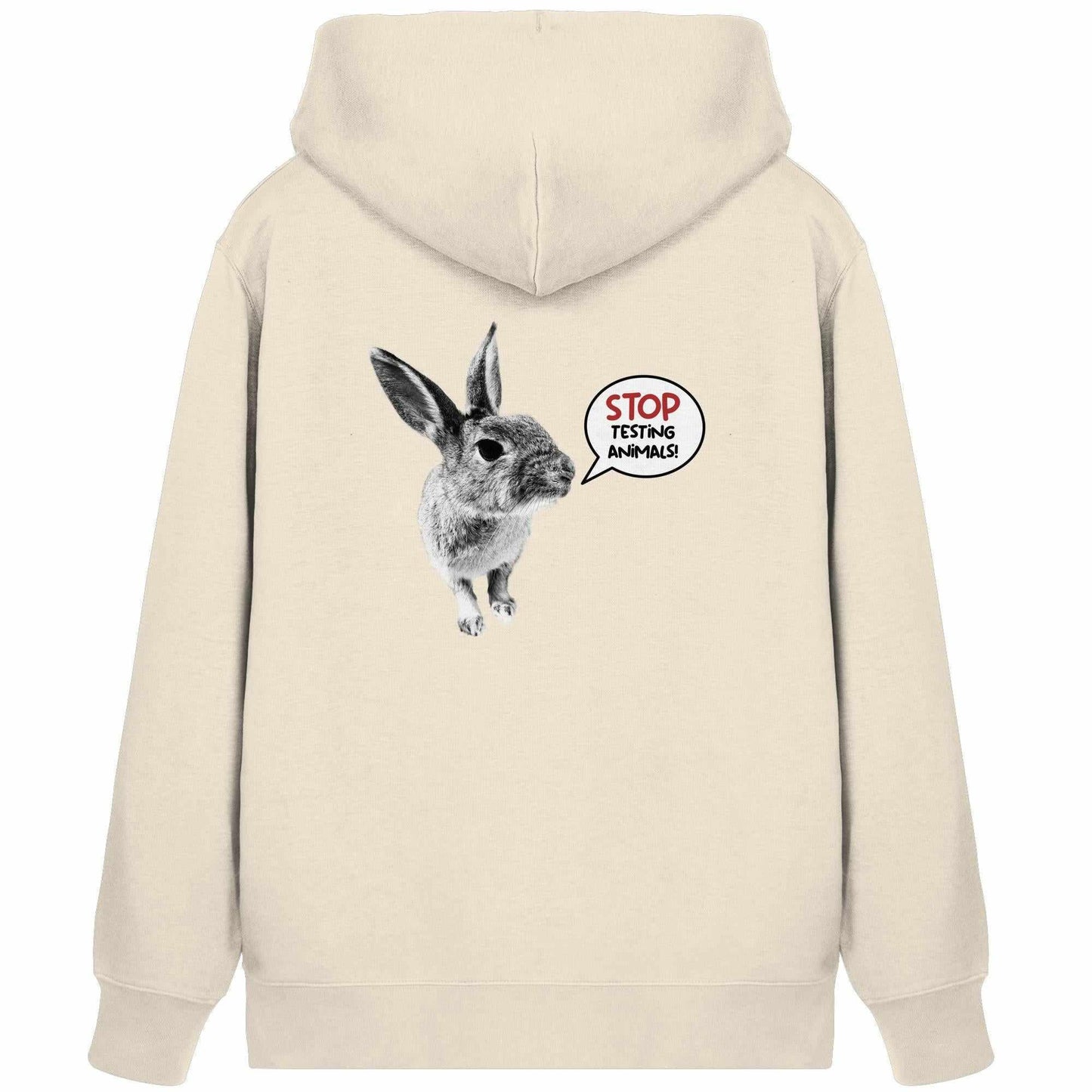 Vegan und Bio Zipper Hoodie mit einem niedlichen Hasenmotiv und der Botschaft Stop Animal Testing!.