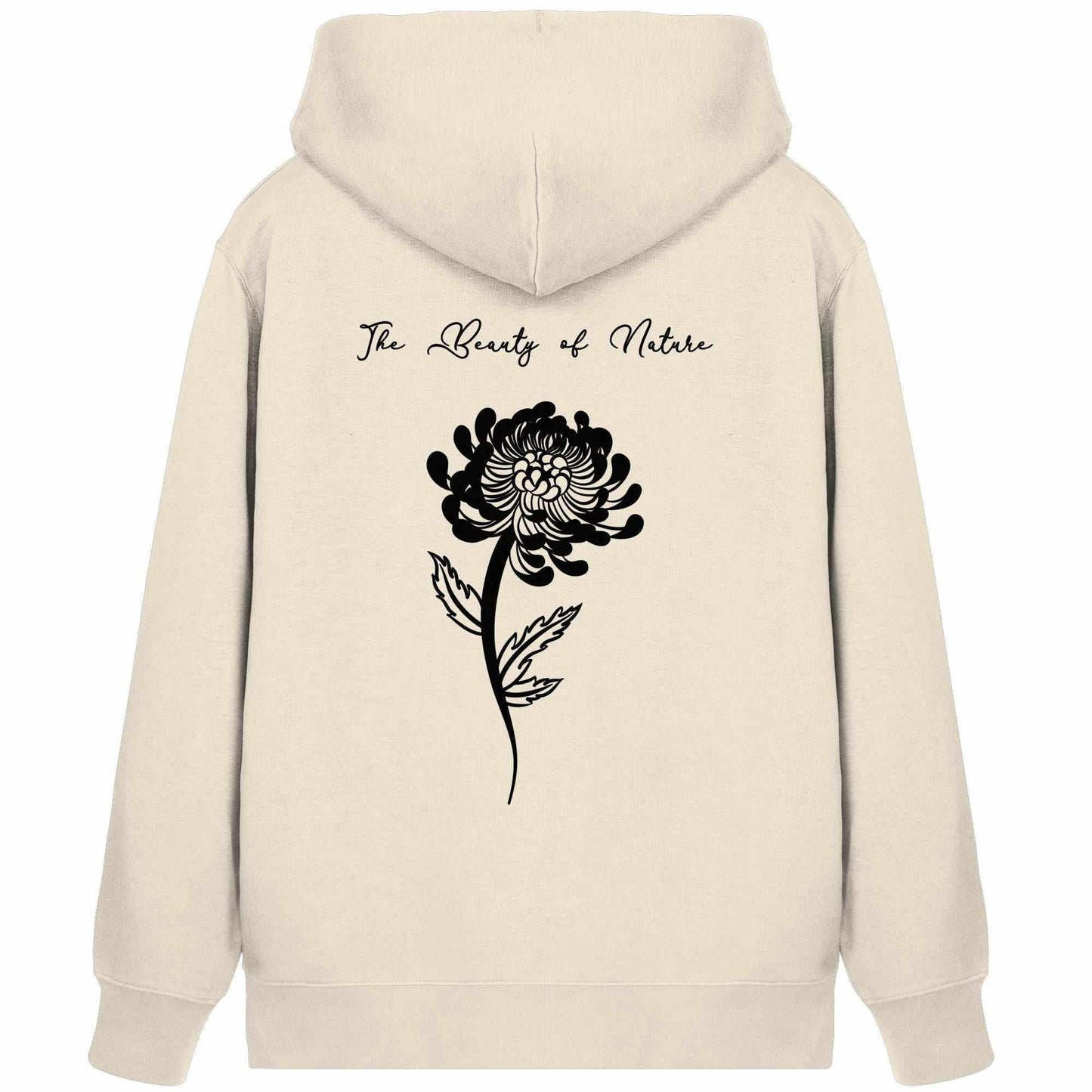 Vegan und Bio Zipper Hoodie: Chrysantheme - The Beauty of Nature, weiß mit schwarzer Blumenapplikation, Kängurutasche, Kapuze, nachhaltige Materialien.