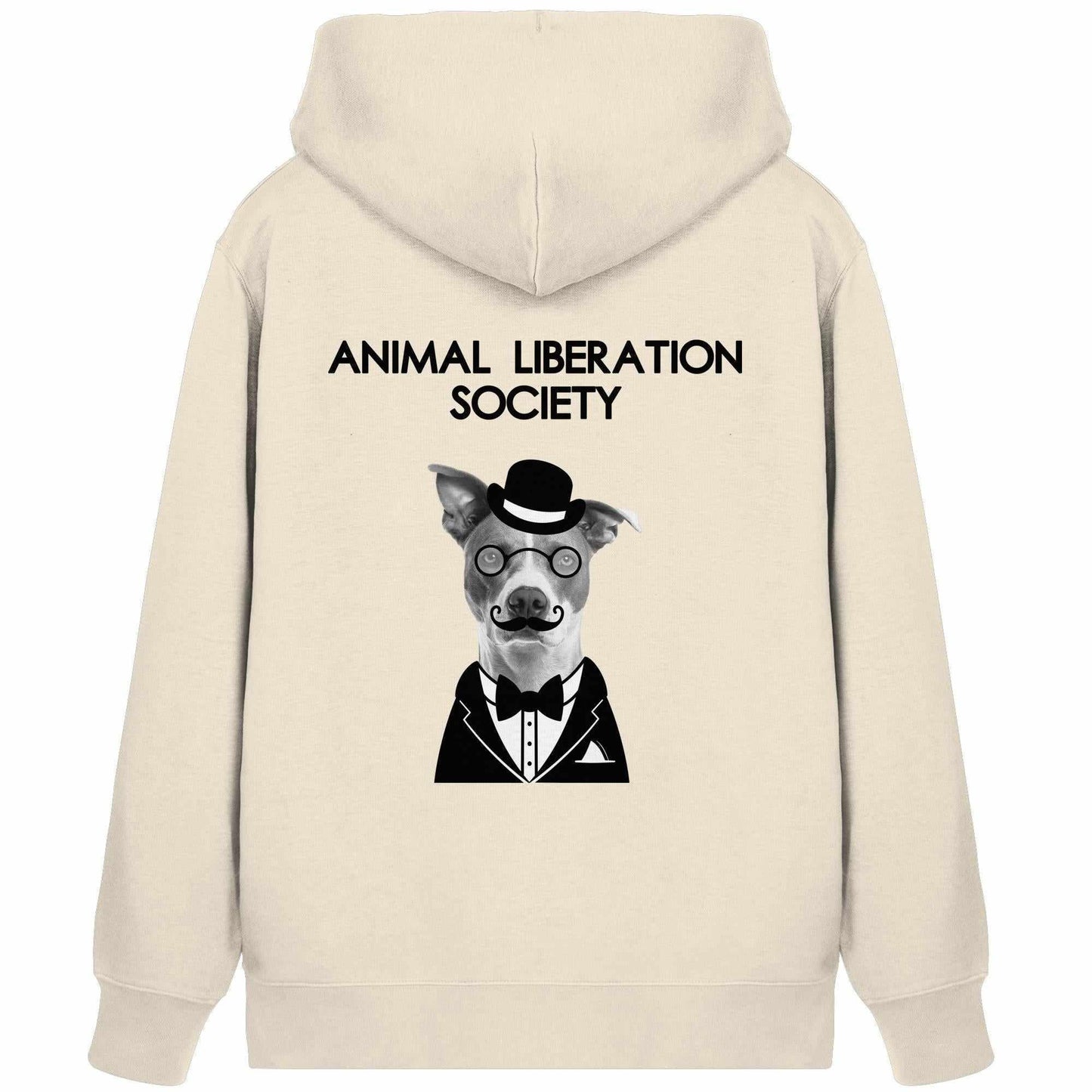 Vegan und Bio Zipper Hoodie: Mr. Dog - Animal Liberation Society, weiß, mit Hund im Anzug, Brille, Hut und Fliege, inspiriert von Tierrechten.