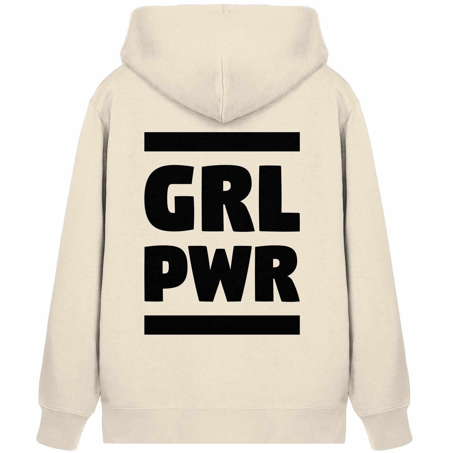 Vegan und Bio Zipper Hoodie: GIRL POWER - Weißer Hoodie mit schwarzem Text, feministischer Botschaft, aus Bio-Baumwolle und recyceltem Polyester.