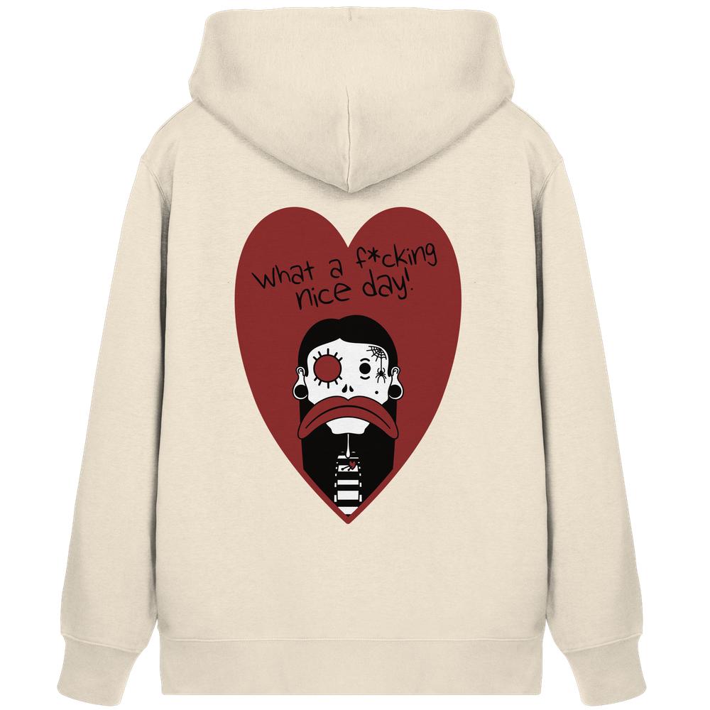 Kapuzen-Sweatshirt (Natur) mit rotem Herz-Print und trauriger Figur auf der Rückseite