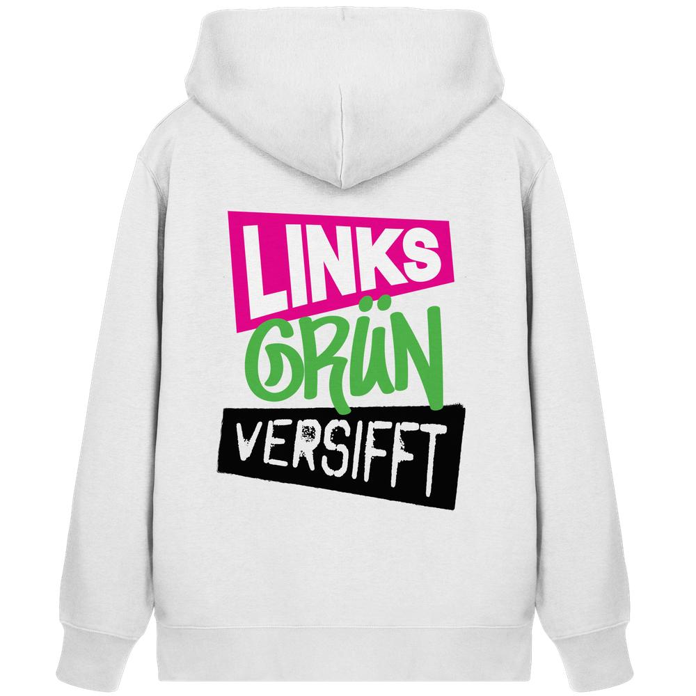 Vegan und Bio Zipper Hoodie: Wir sind Links Grün versifft! Weißer Hoodie mit Schriftzug, nachhaltigem Materialmix, Kängurutasche und verdecktem Reißverschluss.