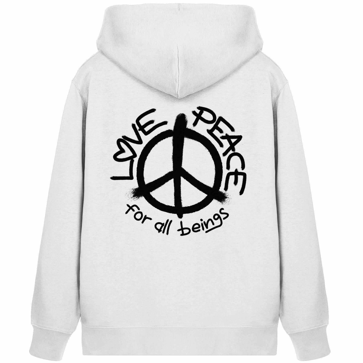 Vegan und Bio Zipper Hoodie mit Friedenssymbol, Hippie-Design und liebevoller Botschaft, ideal für nachhaltige Mode von RUDE REBEL.