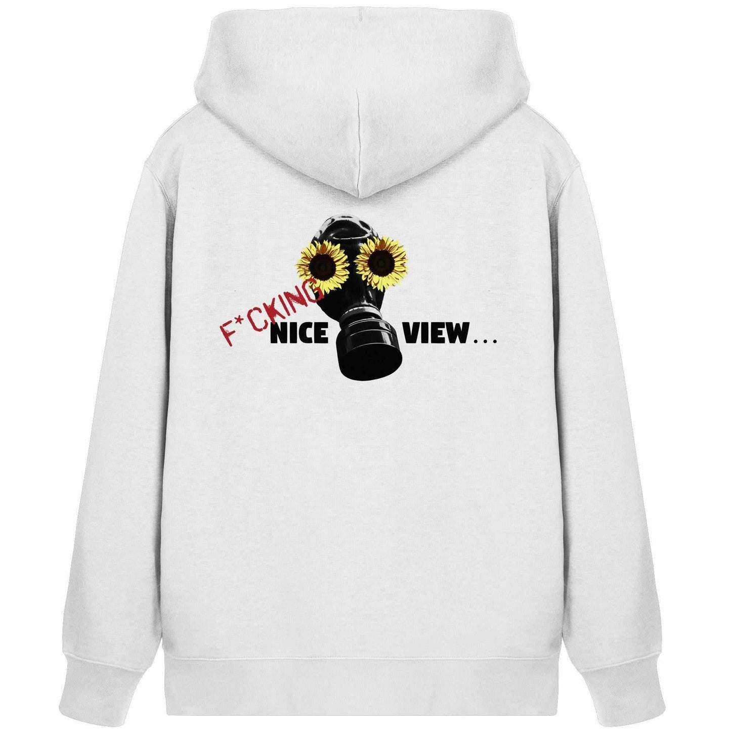 Vegan und Bio Zipper Hoodie: Sunflower Mask - F*cking nice view... mit Gasmaske und Sonnenblumen, umweltfreundlich und rebellisch, ideal für nachhaltige Mode von RUDE REBEL.