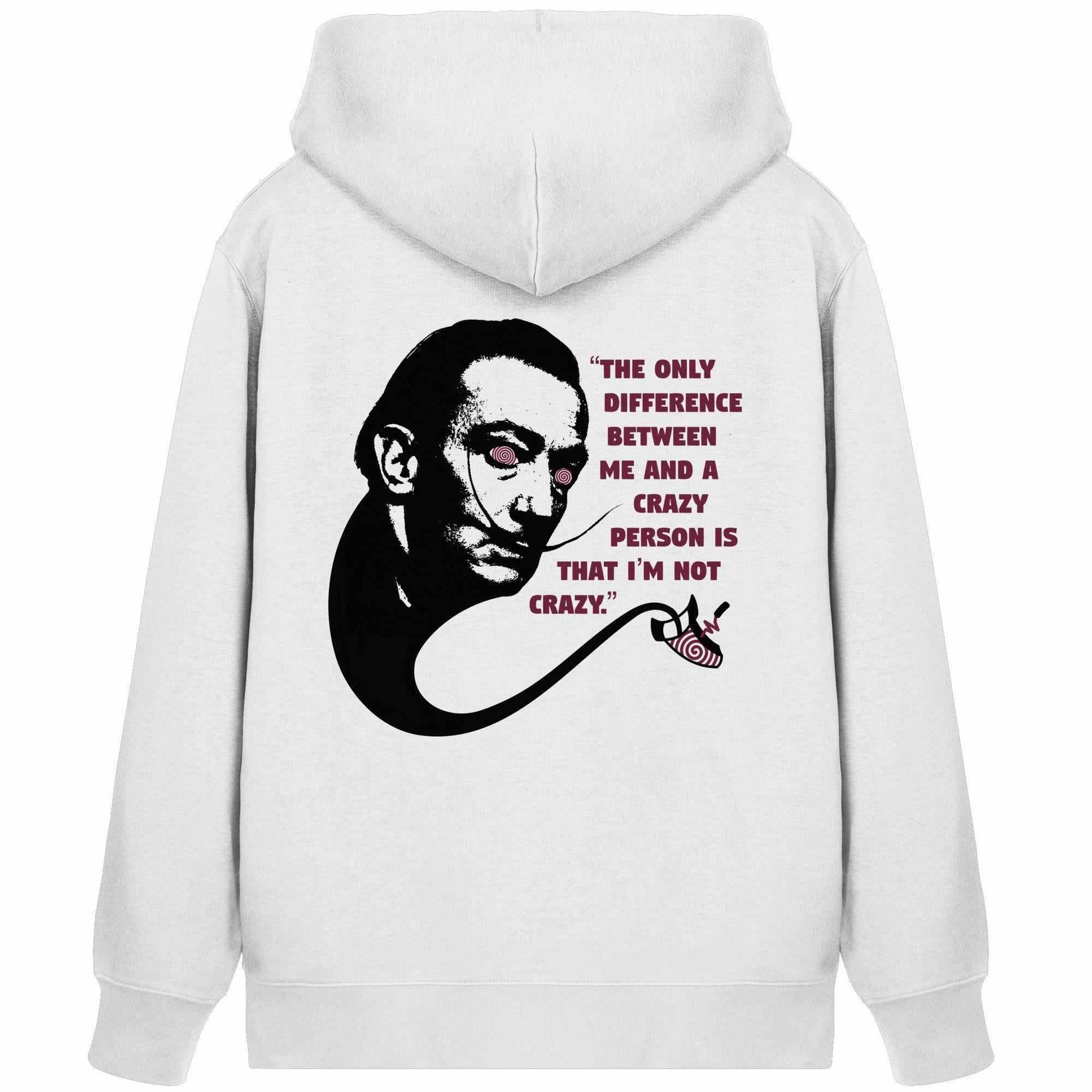 Vegan und Bio Zipper Hoodie: Crazy Dali mit surrealistischem Design eines Mannes mit Spiralen auf den Augen und Kängurutasche.