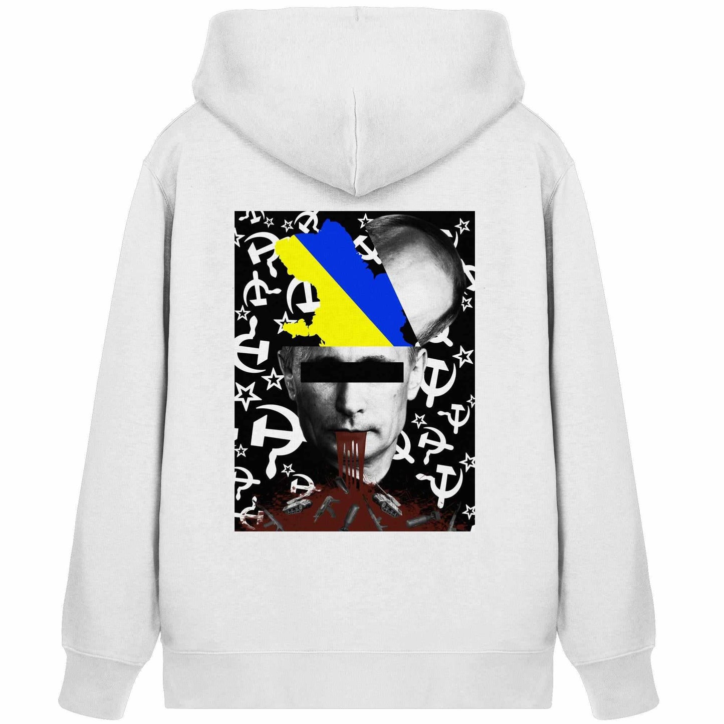 Vegan und Bio Zipper Hoodie: STOP WAR IN UKRAINE! Weißer Hoodie mit aufgedrucktem Gesicht, inspiriert von aktuellen politischen Ereignissen, aus Bio-Baumwolle und recyceltem Polyester.