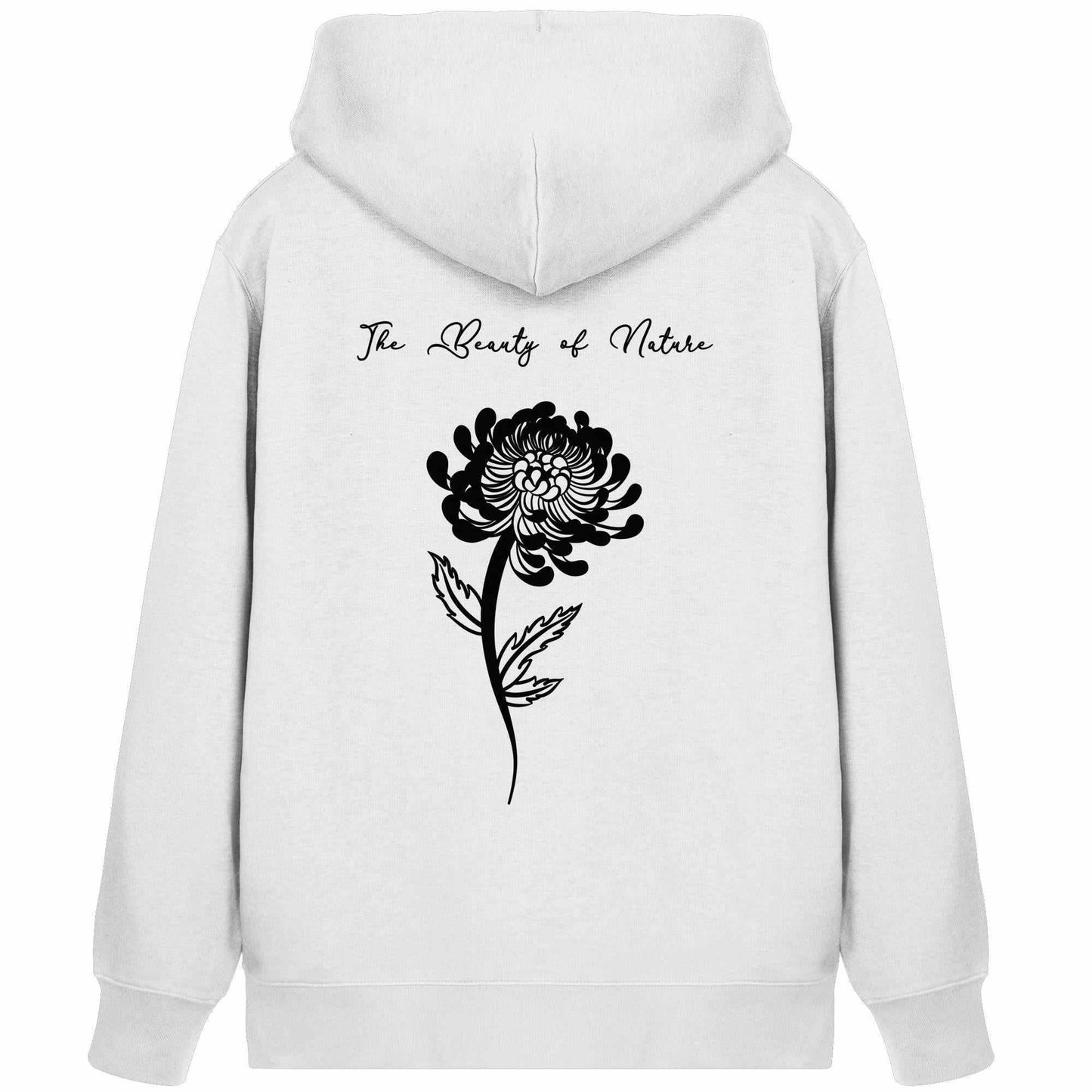 Vegan und Bio Zipper Hoodie: Chrysantheme - Weißer Hoodie mit schwarzer Blumenapplikation, Kängurutasche, verdecktem Reißverschluss, ideal für Naturschutzliebhaber.