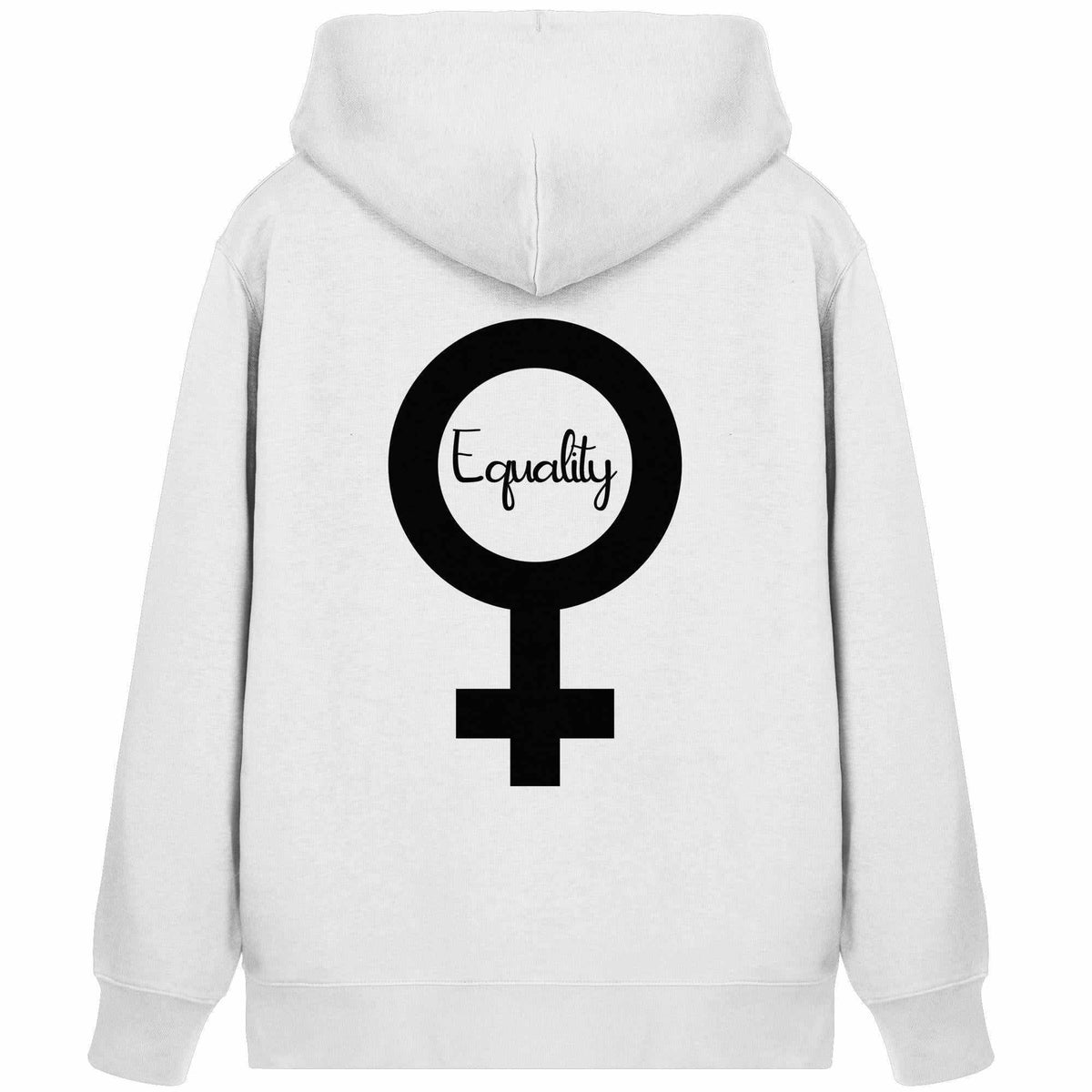 Weißer Hoodie mit Kapuze und schwarzem Equality-Logo im Kreis