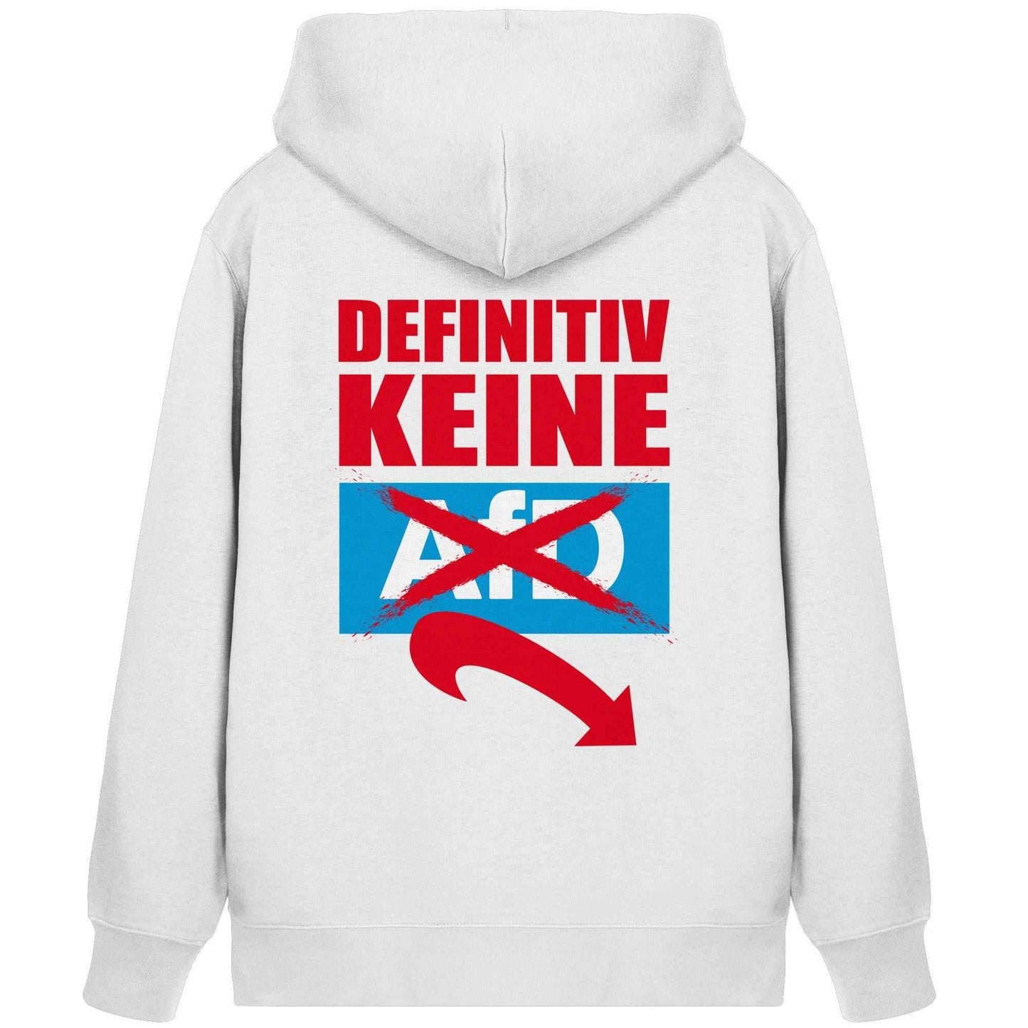 Vegan und Bio Zipper Hoodie: Gegen Rechts - Weißer Hoodie mit roten und blauen Texten, Kängurutasche, Kapuze, verdecktem Reißverschluss, aus Bio-Baumwolle und recyceltem Polyester.