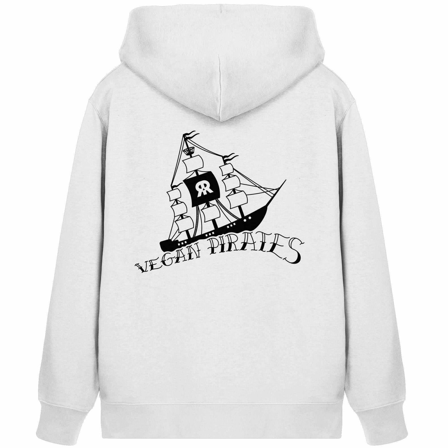 Vegan und Bio Zipper Hoodie: Vegan Pirates mit Piratenschiff-Druck, weiß, aus Biobaumwolle und recyceltem Polyester, Kapuze, Kängurutasche, rebellisches Design von RUDE REBEL.