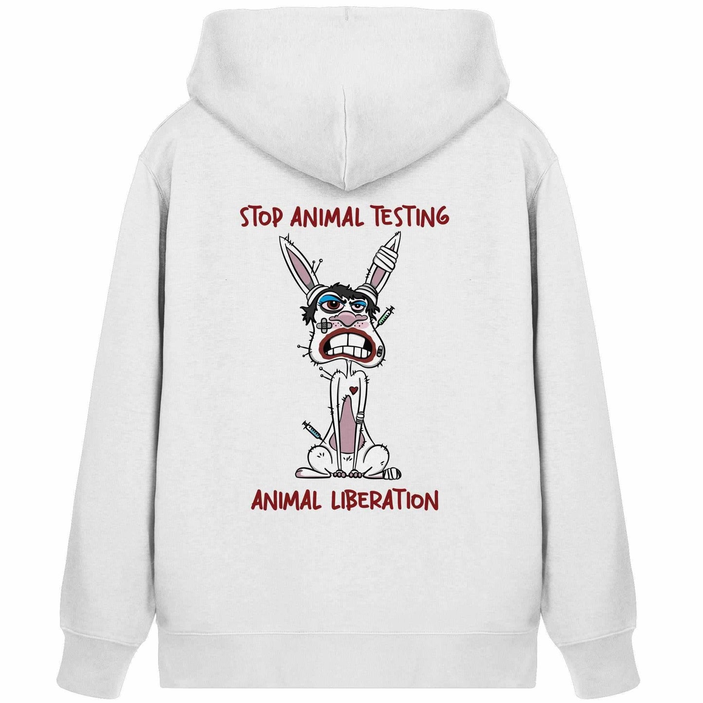 Vegan und Bio Zipper Hoodie mit Cartoon-Hase und STOP ANIMAL TESTING! Aufdruck, thematisiert Tierversuche. Baumwoll-Polyester-Mischung mit Kängurutasche und Kapuze.