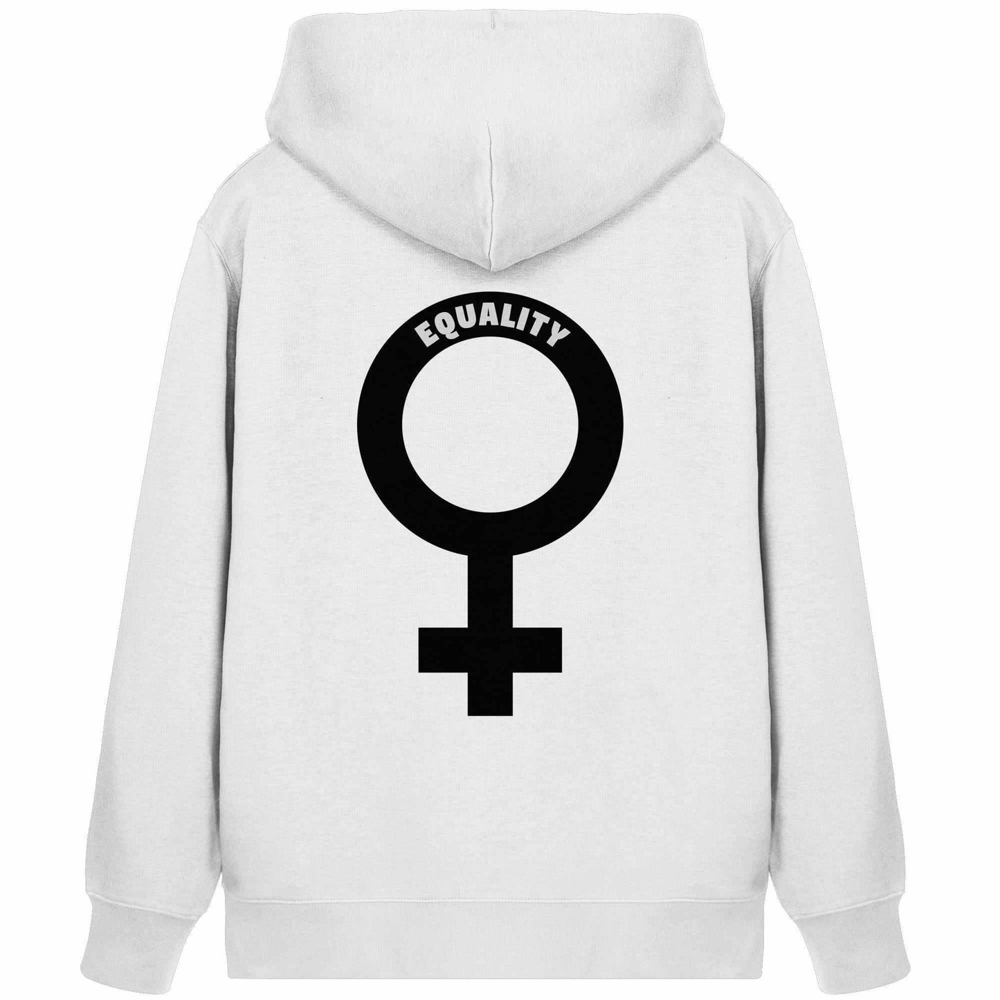 Vegan und Bio Zipper Hoodie mit Venussymbol, feministisch geprägt. Weißer Hoodie mit symbolischem schwarzen Logo, unterstreicht Gleichberechtigung. Nachhaltiges Design aus Biobaumwolle und recyceltem Polyester.
