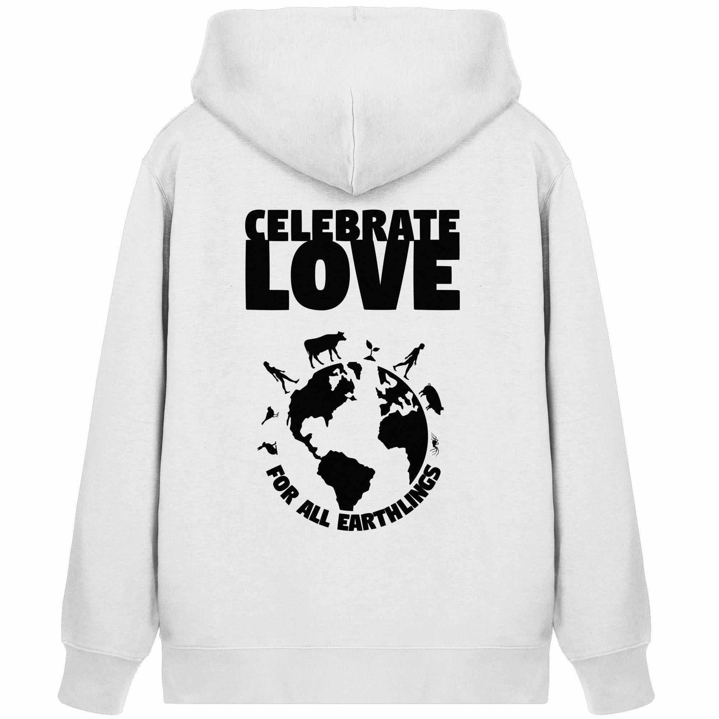 Vegan und Bio Zipper Hoodie mit schwarzem Text, feiert Liebe für alle Erdlinge, zeigt eine Kuh-Silhouette und Erde mit Tieren.