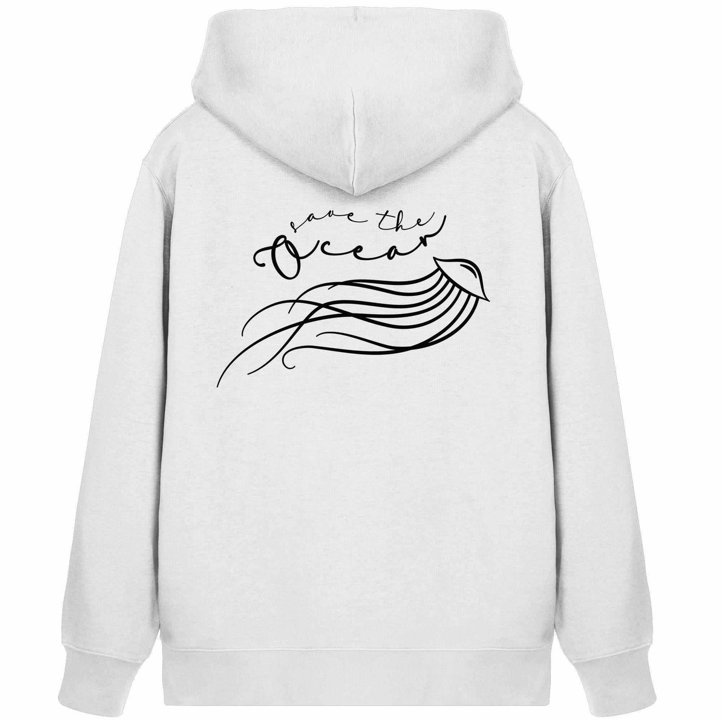 Vegan und Bio Zipper Hoodie: Jellyfish - Save the Ocean, weiß, mit minimalistischem Quallen-Design und Save the Ocean Aufschrift, nachhaltige Materialien, Kapuze, Kängurutasche.