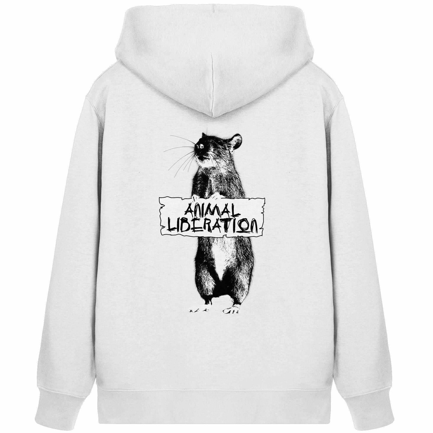 Vegan und Bio Zipper Hoodie: Rat for Animal Liberation mit digitaler Collage im Banksy-Stil, zeigt einen Rat auf weißem Hoodie mit Kängurutasche und Reißverschluss.